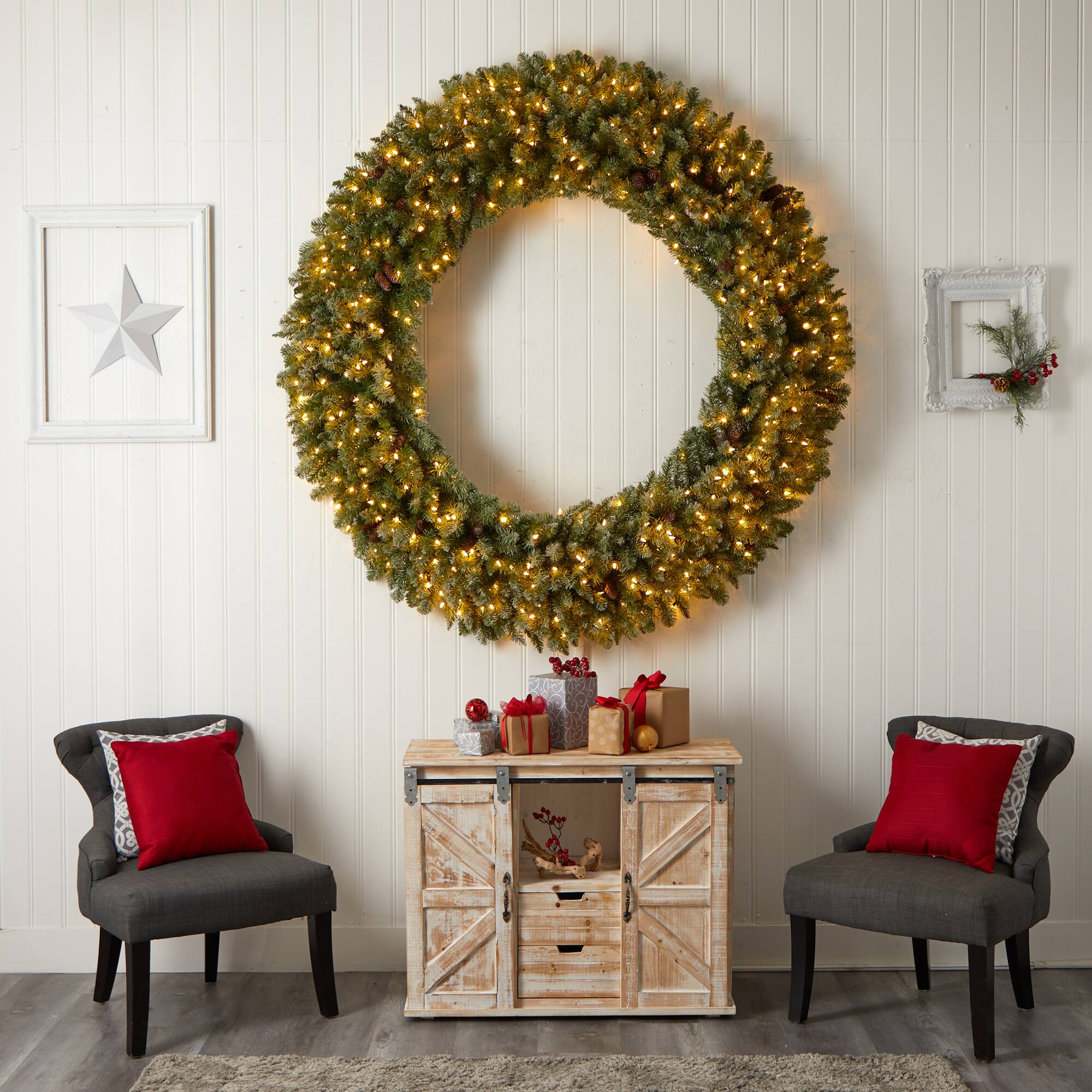 6ft. Clear LED Lights Flocked Artificial Christmas Wreath With Pinecones