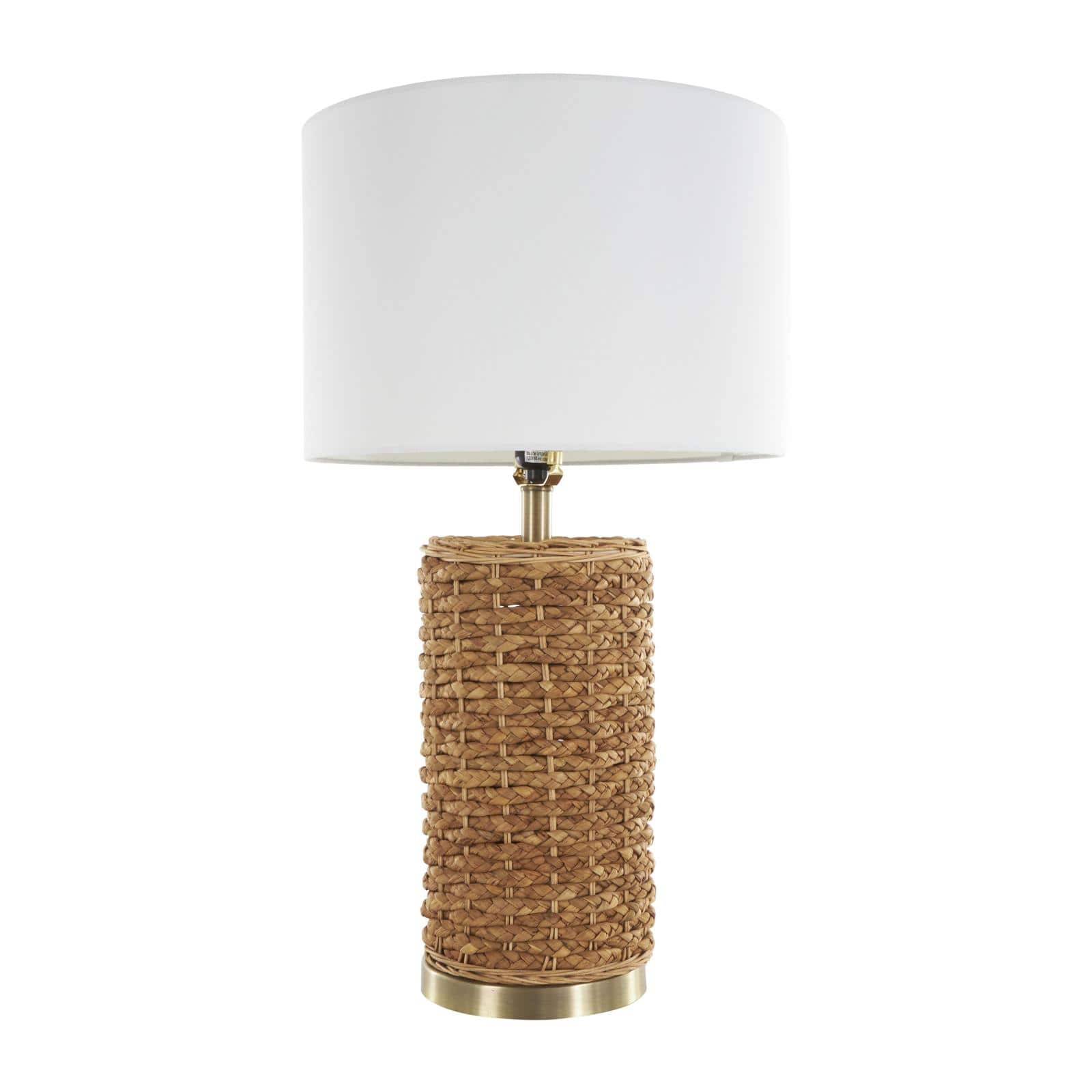 28" Bohemian Handmade Brown Rattan Textured Table Lamp with White Shade & Gold Base