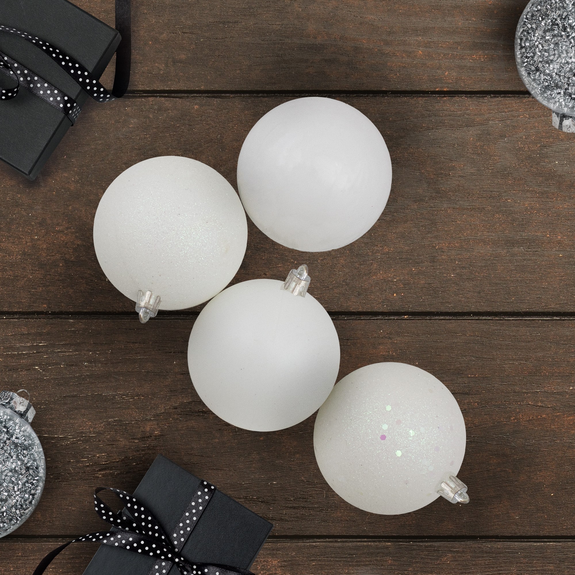 4-Finish Shatterproof Christmas Ball Ornaments 3.25" (80mm) - Winter White - 32ct