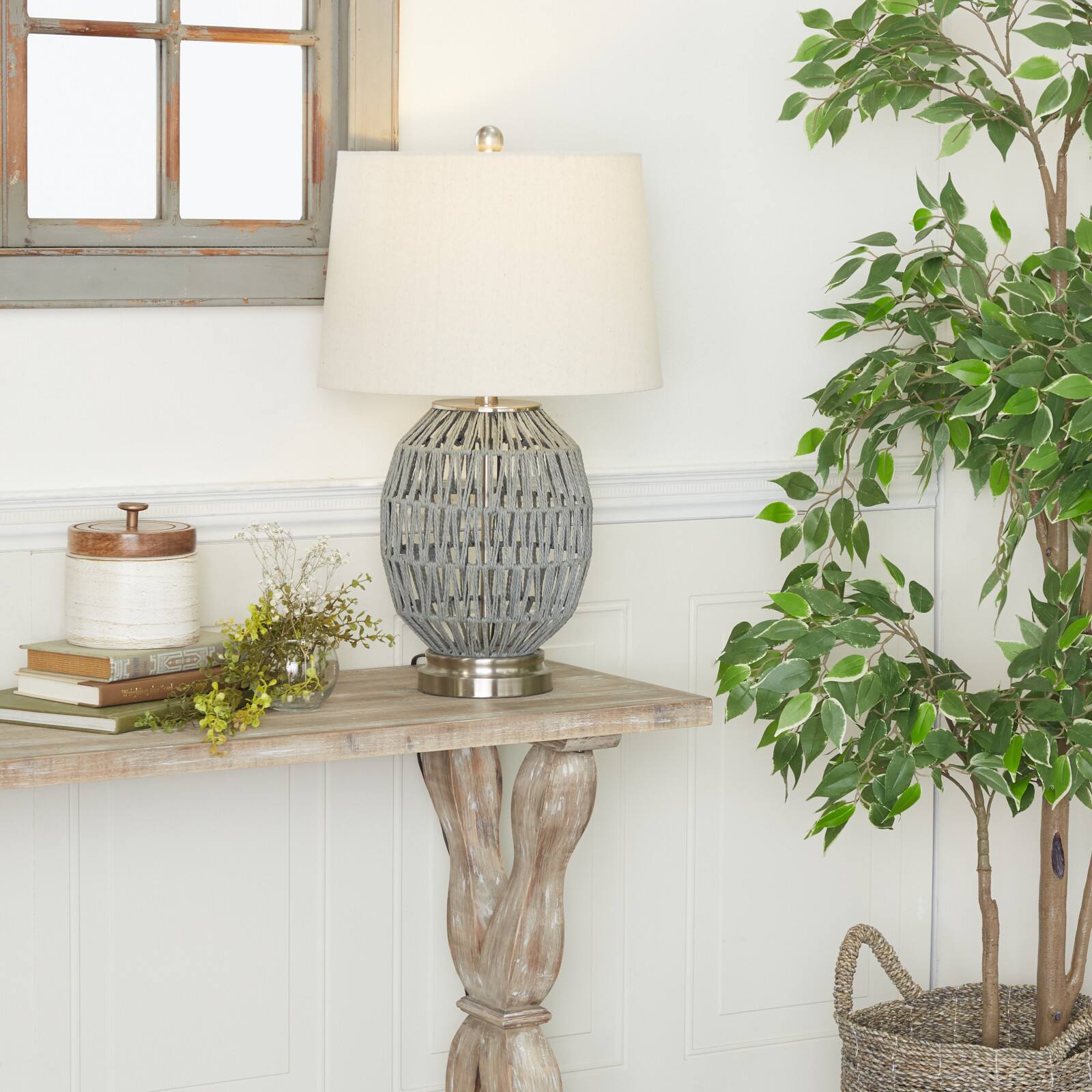 Grey Cotton Coastal Table Lamp, 25" x 15" x 15'