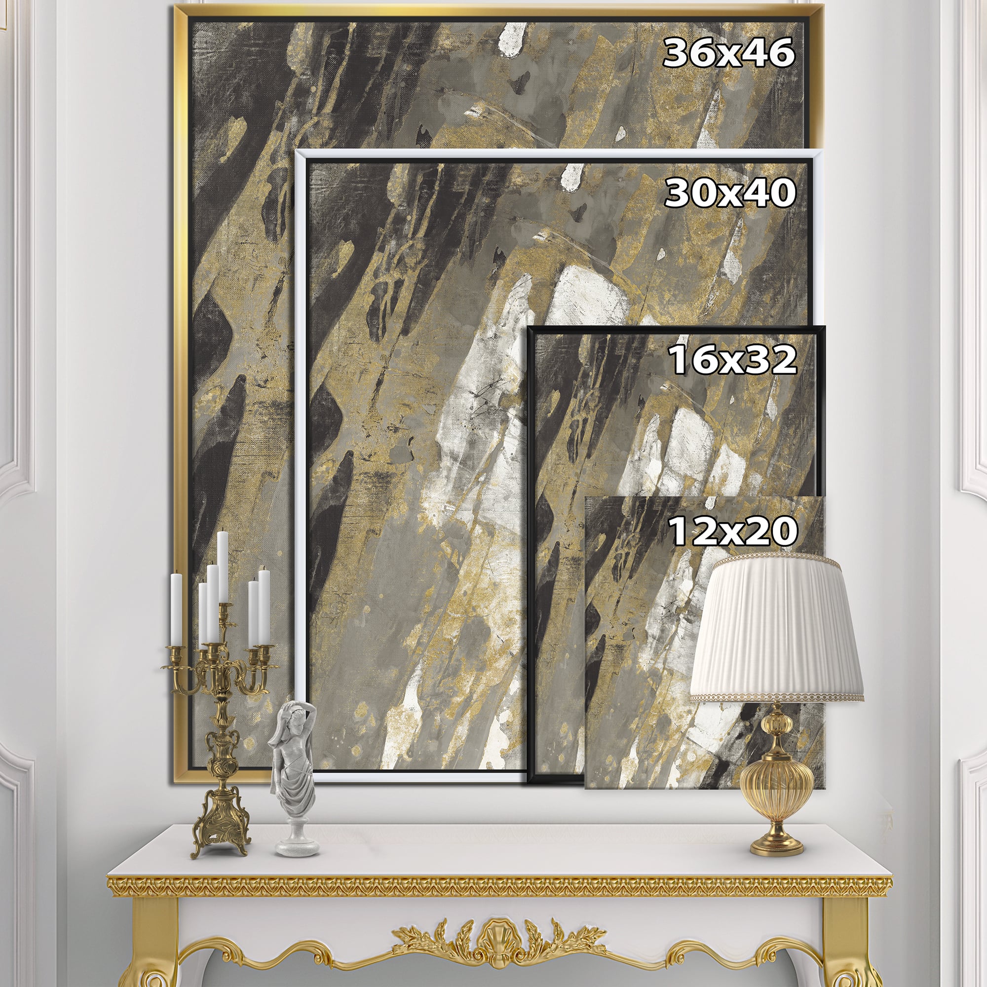 Designart - Gold, Black and White Hanpainted Abstract - Traditional Canvas in Gold Frame