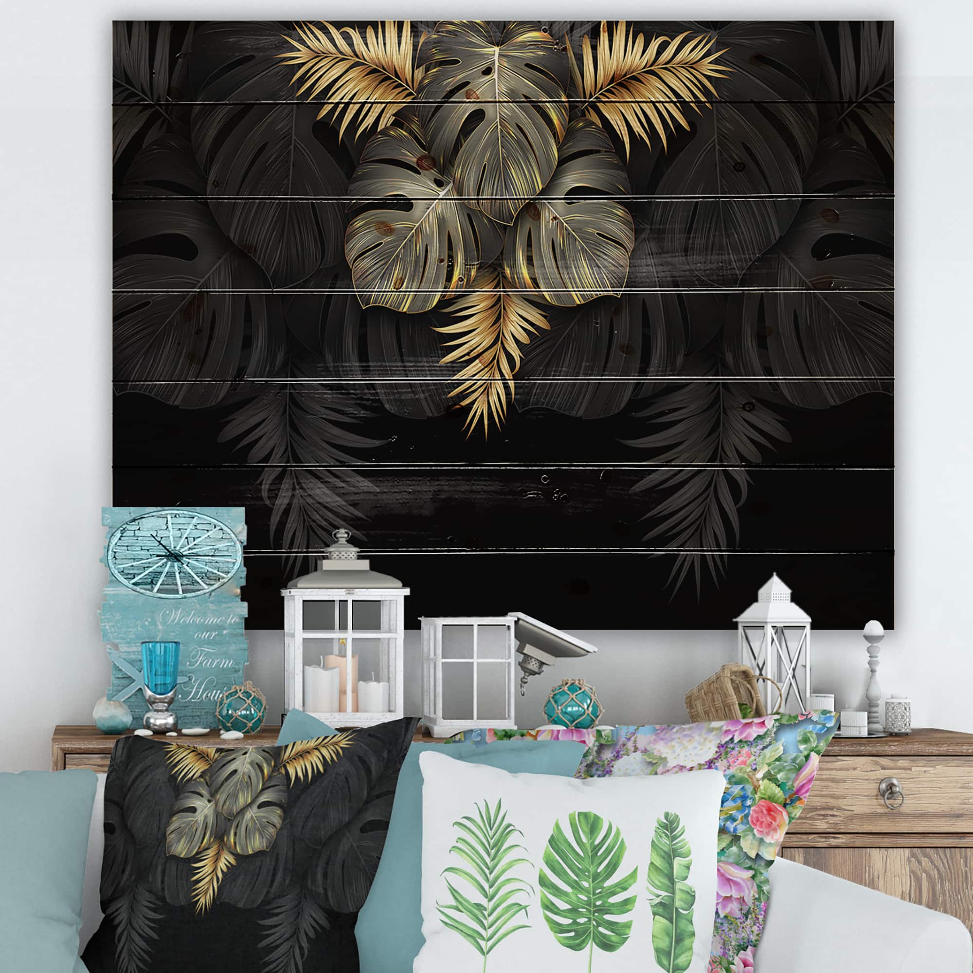 Designart - Black and Gold Tropical Leaves IV - Modern Print on Natural Pine Wood