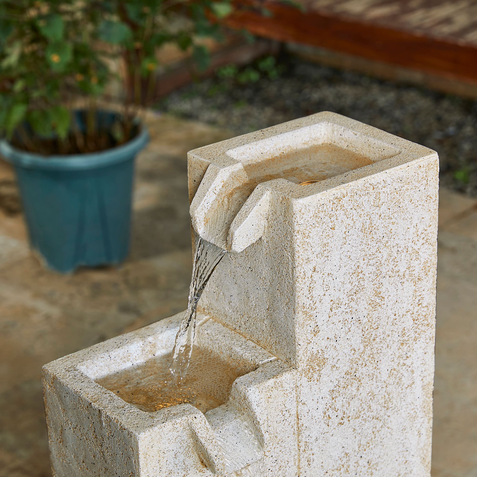 Glitzhome® 34" 4-Tier Faux Terrazzo Geometric Square Column Outdoor Fountain with LED Light