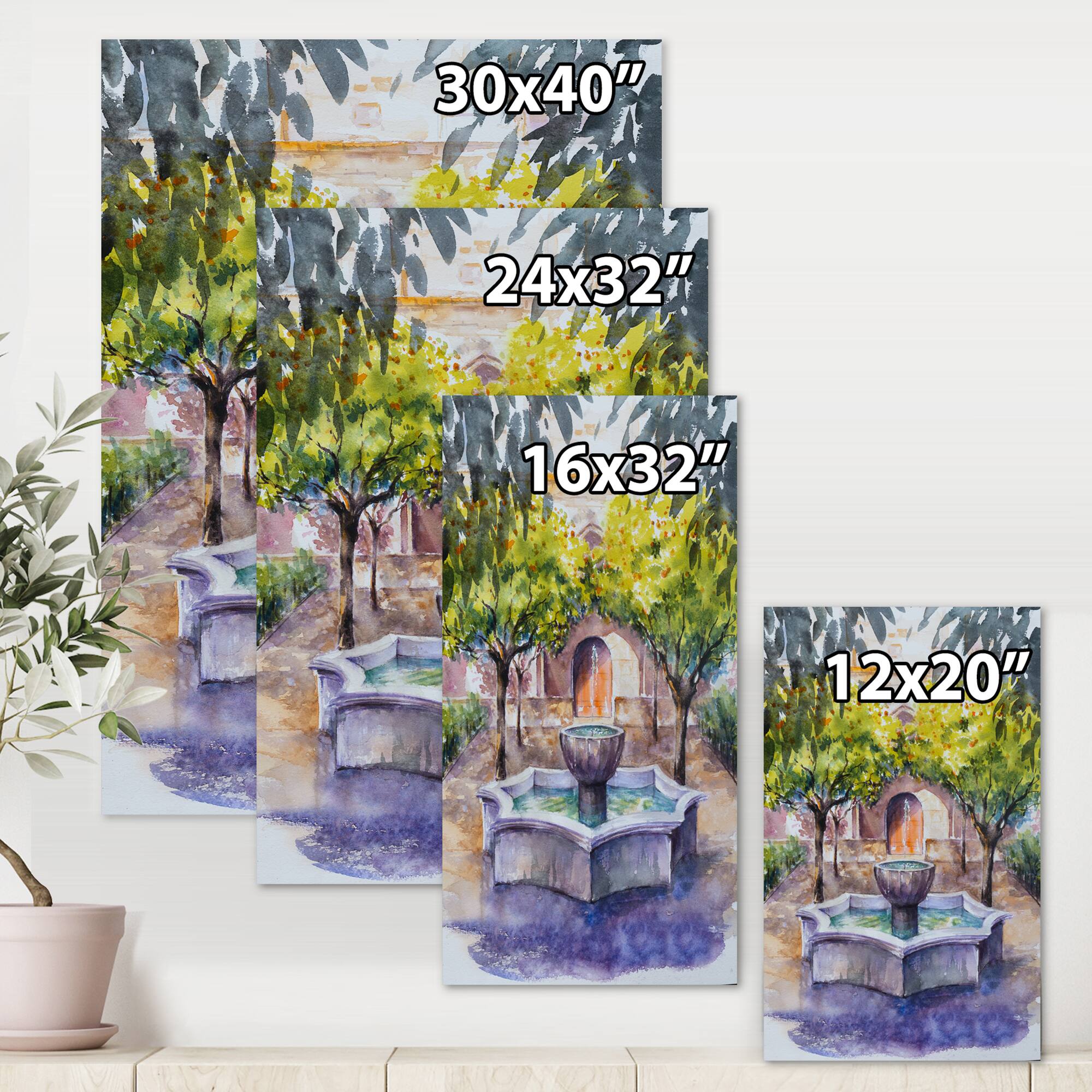 Designart - Small Fountain Picture With Trees In The Village - Country Canvas Wall Art Print