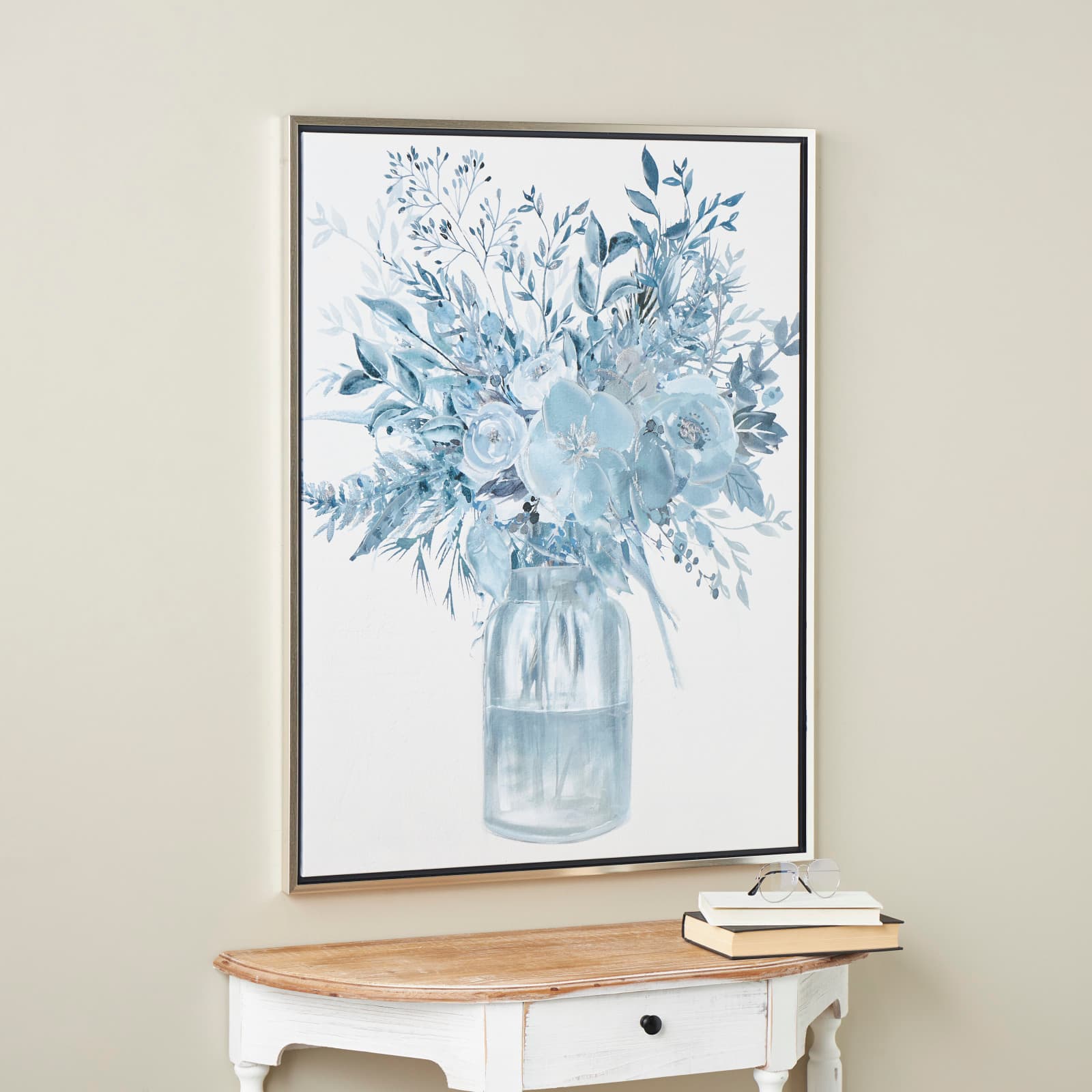 30" x 40" Blue Canvas Floral Bouquet Framed Wall Art with Silver Frame