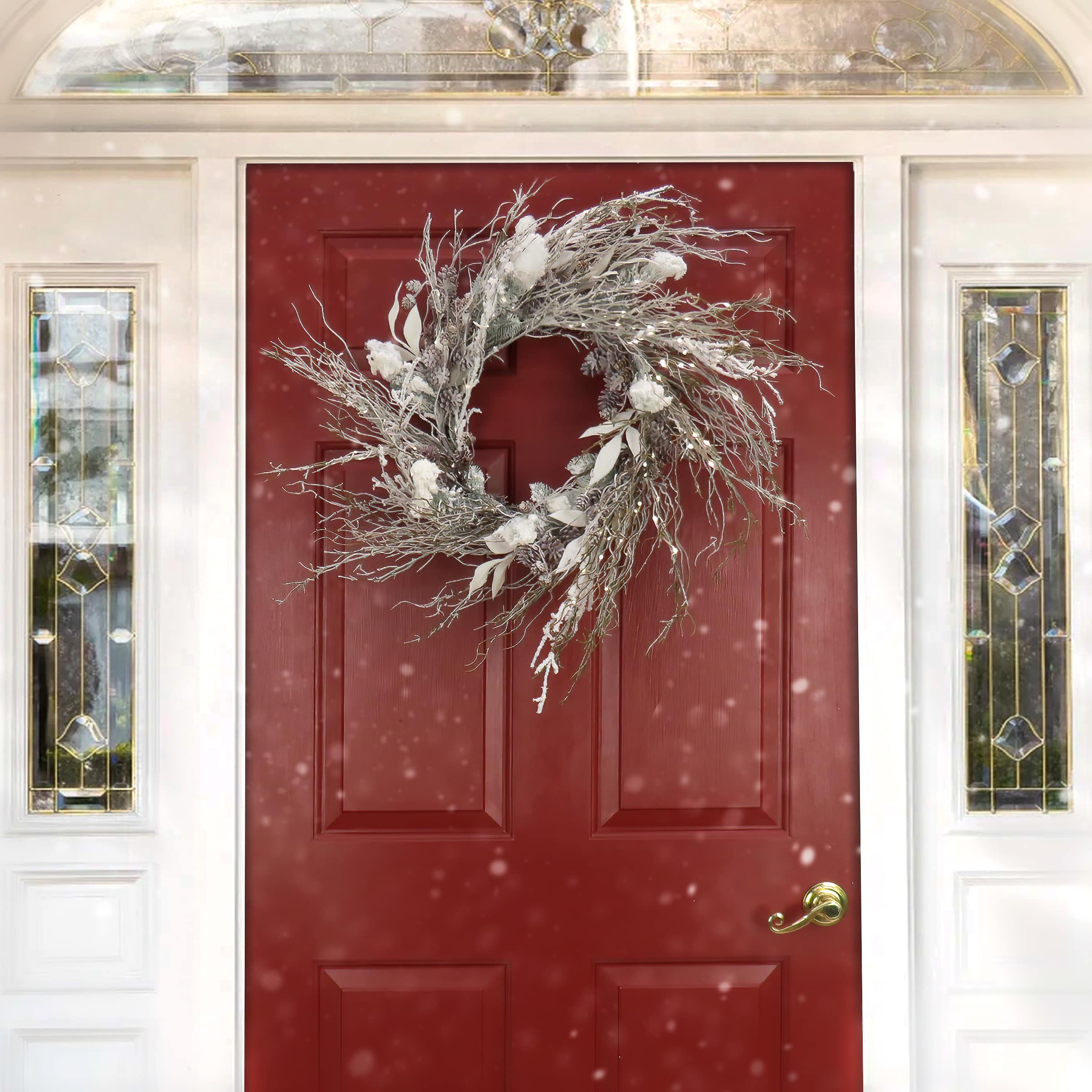 24" Christmas Alpine Trimmed Snow Lump Wreath, 150 Pure White LED Rice Lights