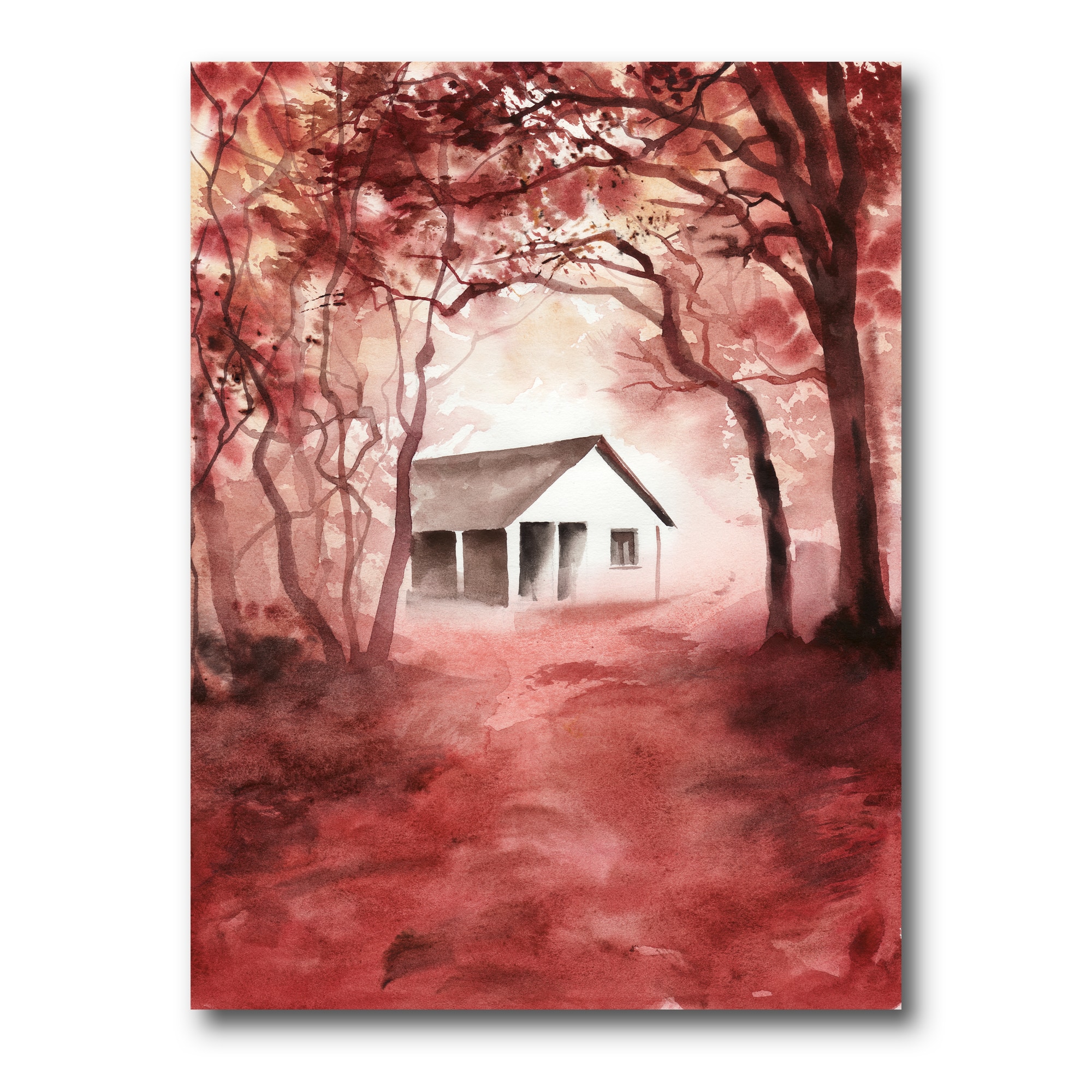 Designart - House In Red Autumn Woods - Cabin & Lodge Canvas Wall Art Print