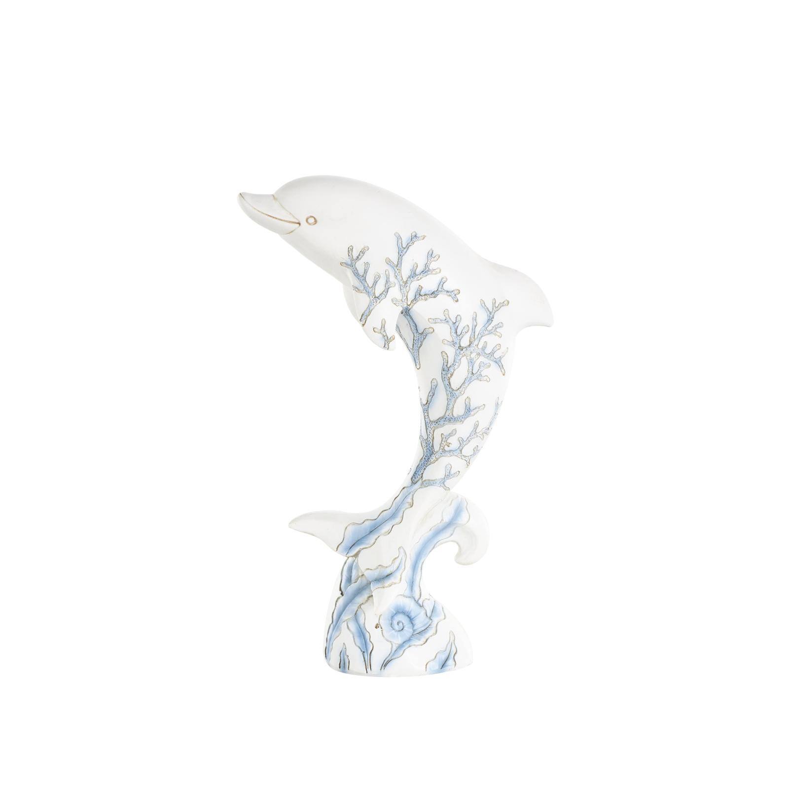 12" White with Blue Coral Pattern Curved Polystone Dolphin Sculpture