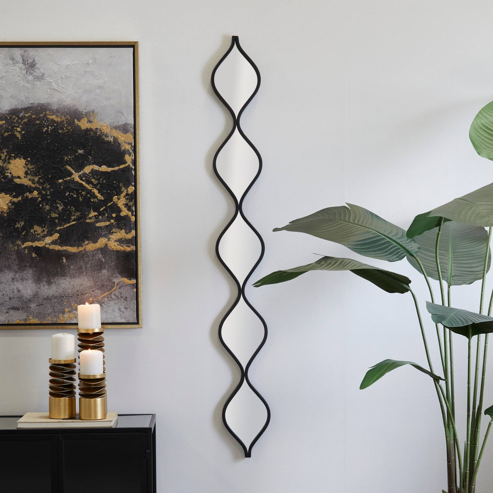 Black Metal Slim Stacked Chain 5 Layer Wall Mirror with Tear Drop Pattern 7" x 1" x 59"