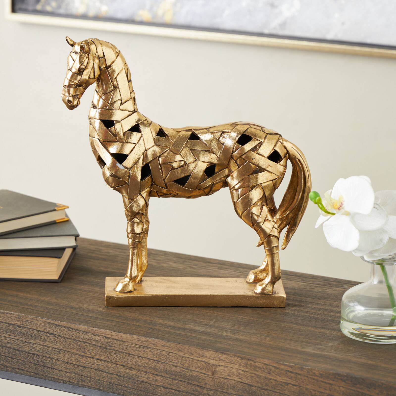 13.75" Gold Resin Wrapped Horse Sculpture with Rectangular Base