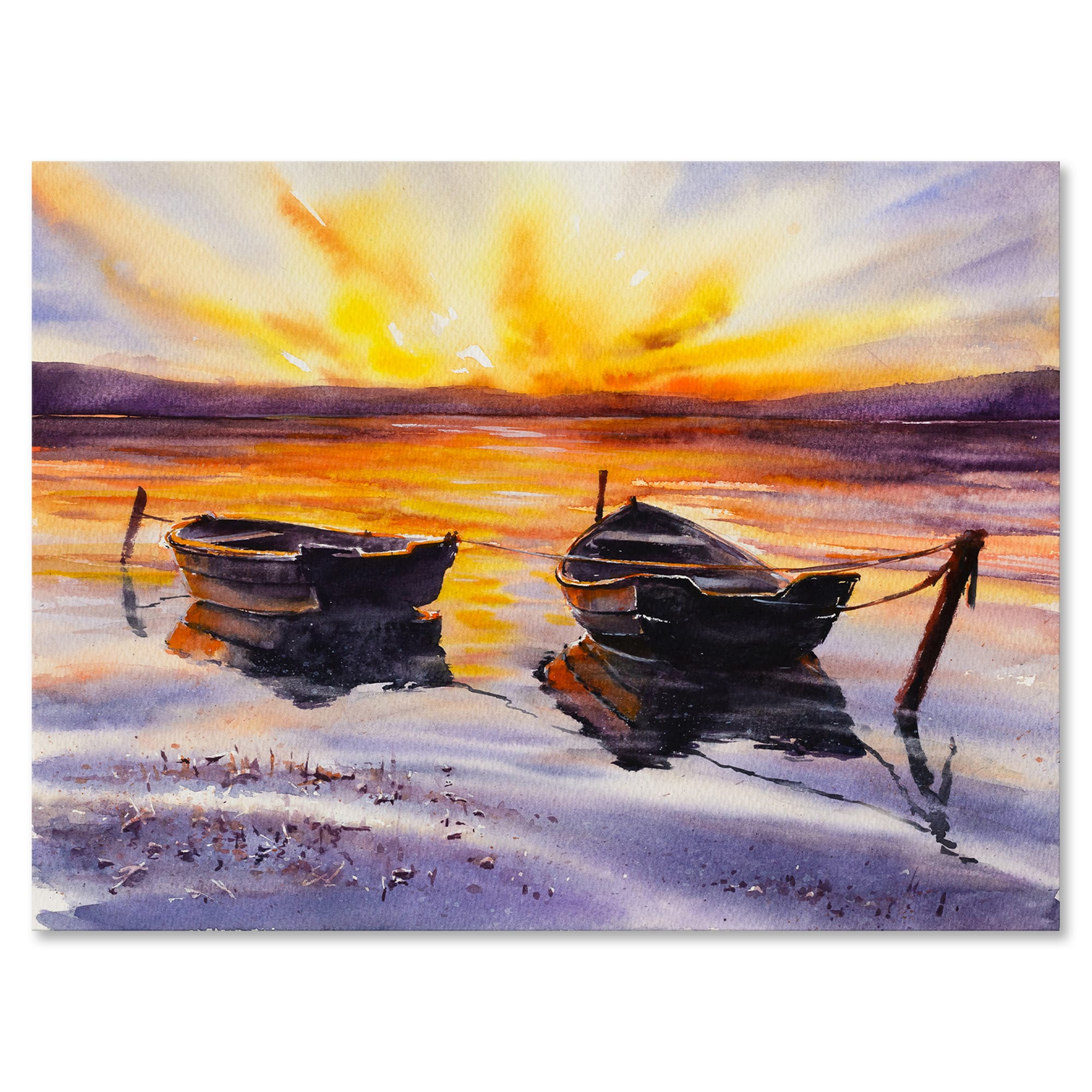 Designart - Sunset and Two Small Boats Parking On The Shore