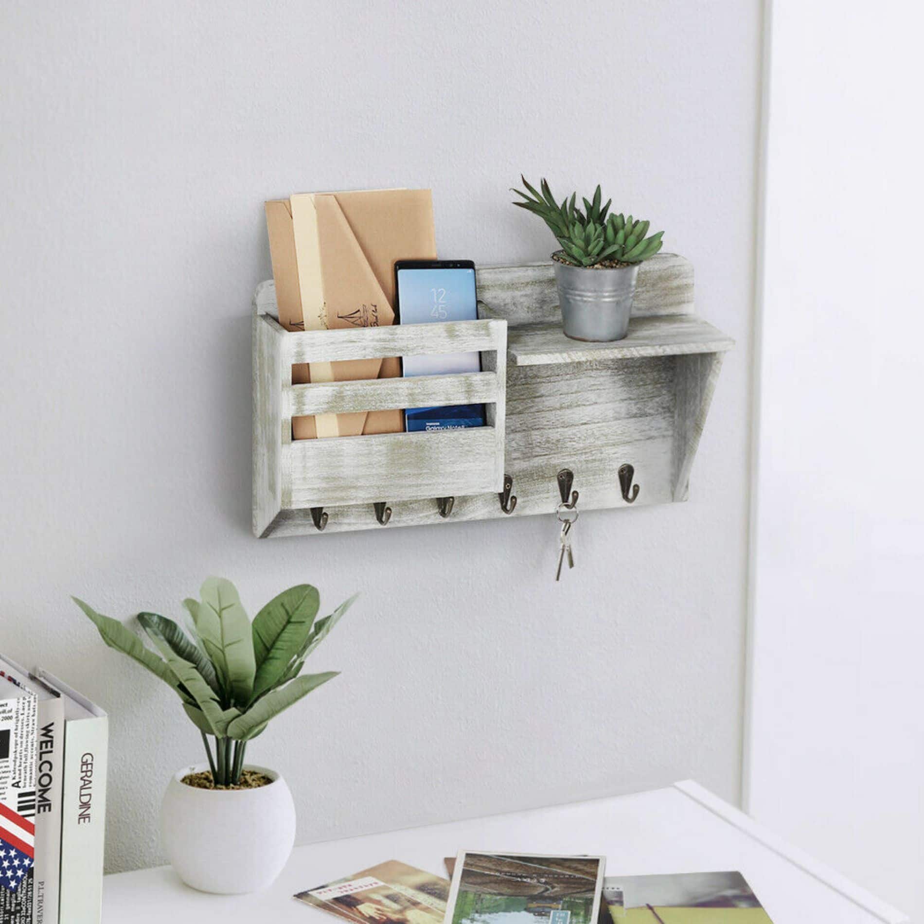 NEX™ Rustic Gray Wall-Mount Mail & Key Holder with 6 Key Hooks and Shelf