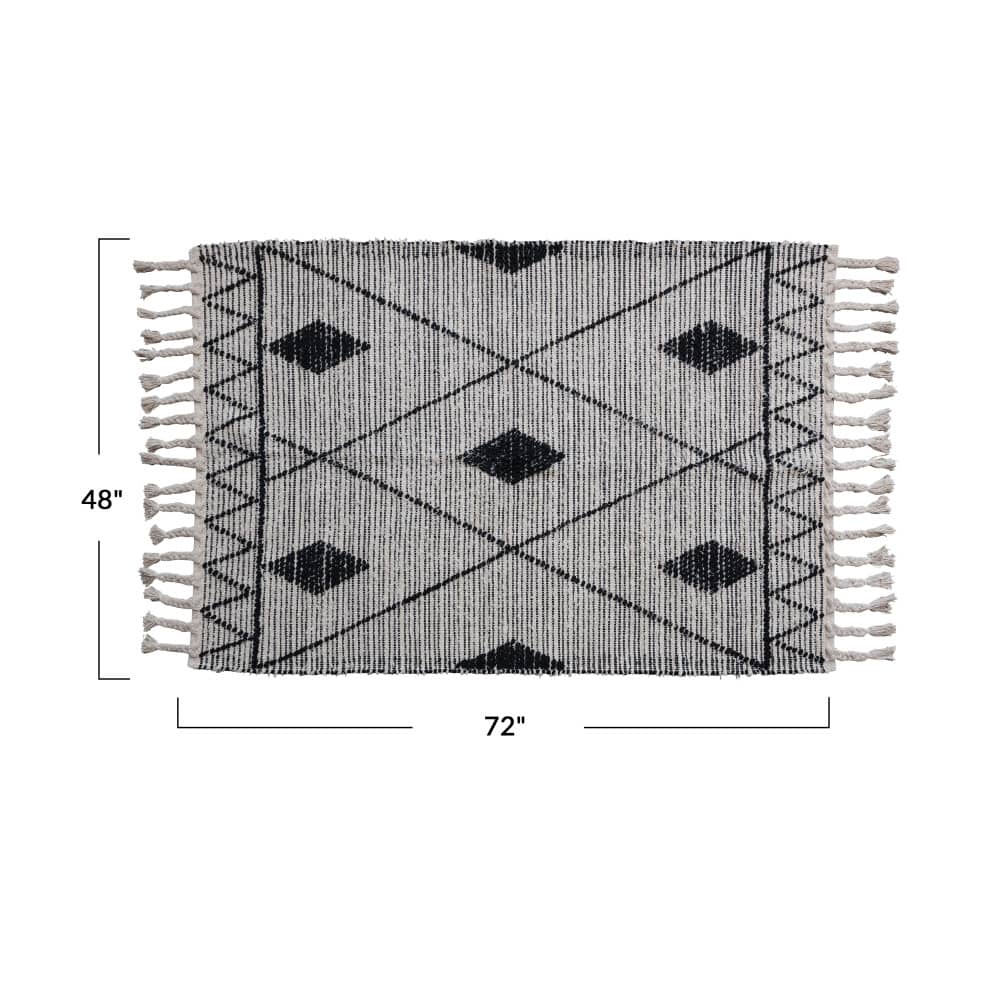 Hello Honey® Black & White Scandinavian Handwoven Cotton Rug With Geometric Pattern & Fringe, 72" x 48"
