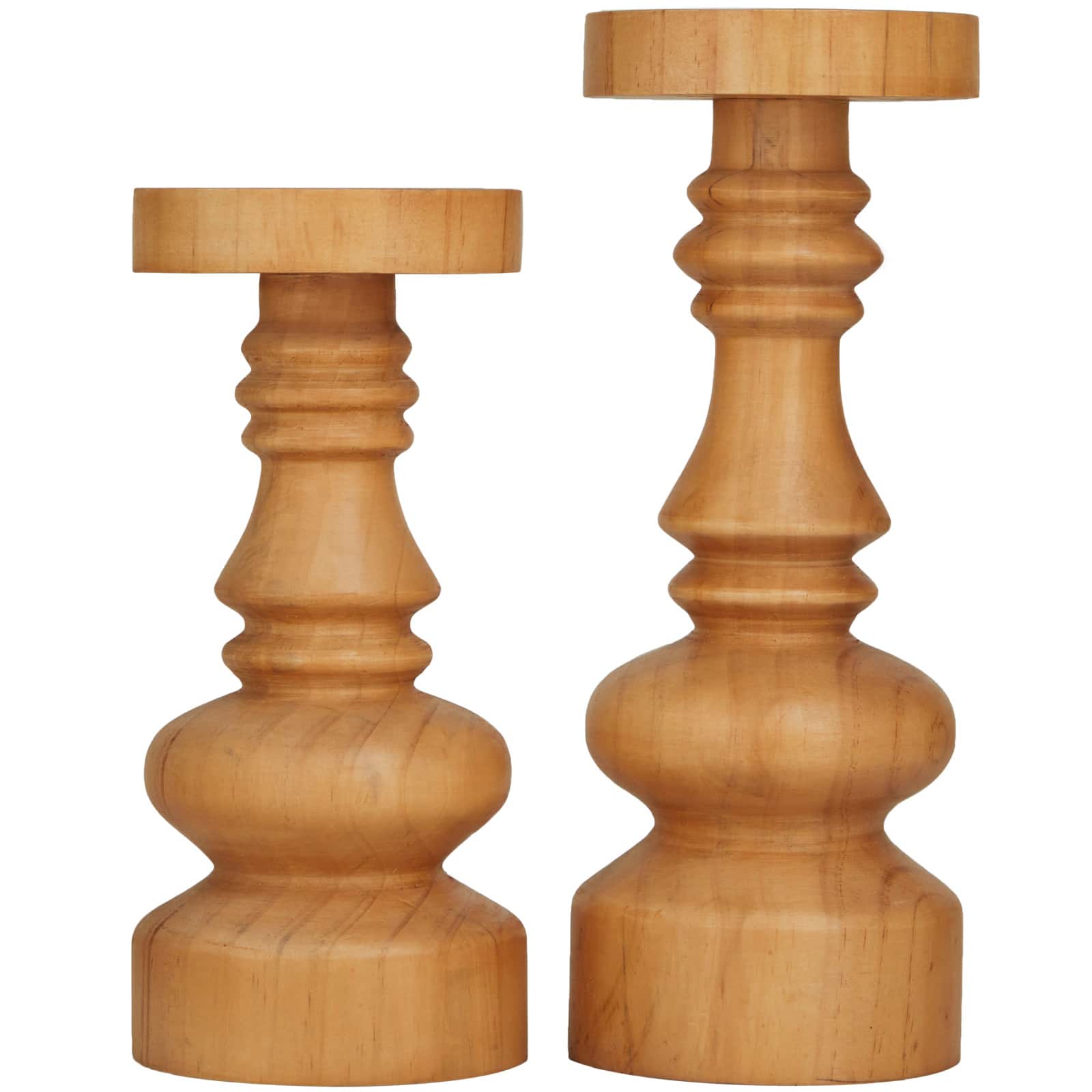 Brown Wood Round Turned Style Pillar Candle Holder Set