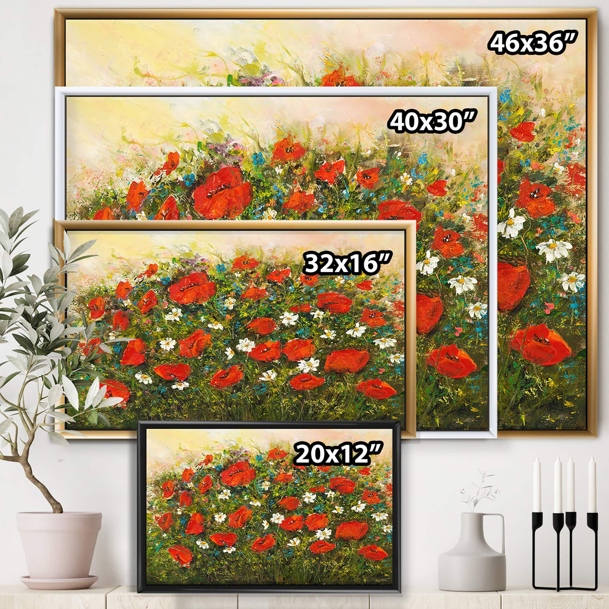 Designart - Blossoming Red Flower Fields - Farmhouse Canvas Wall Art Print in Black Frame