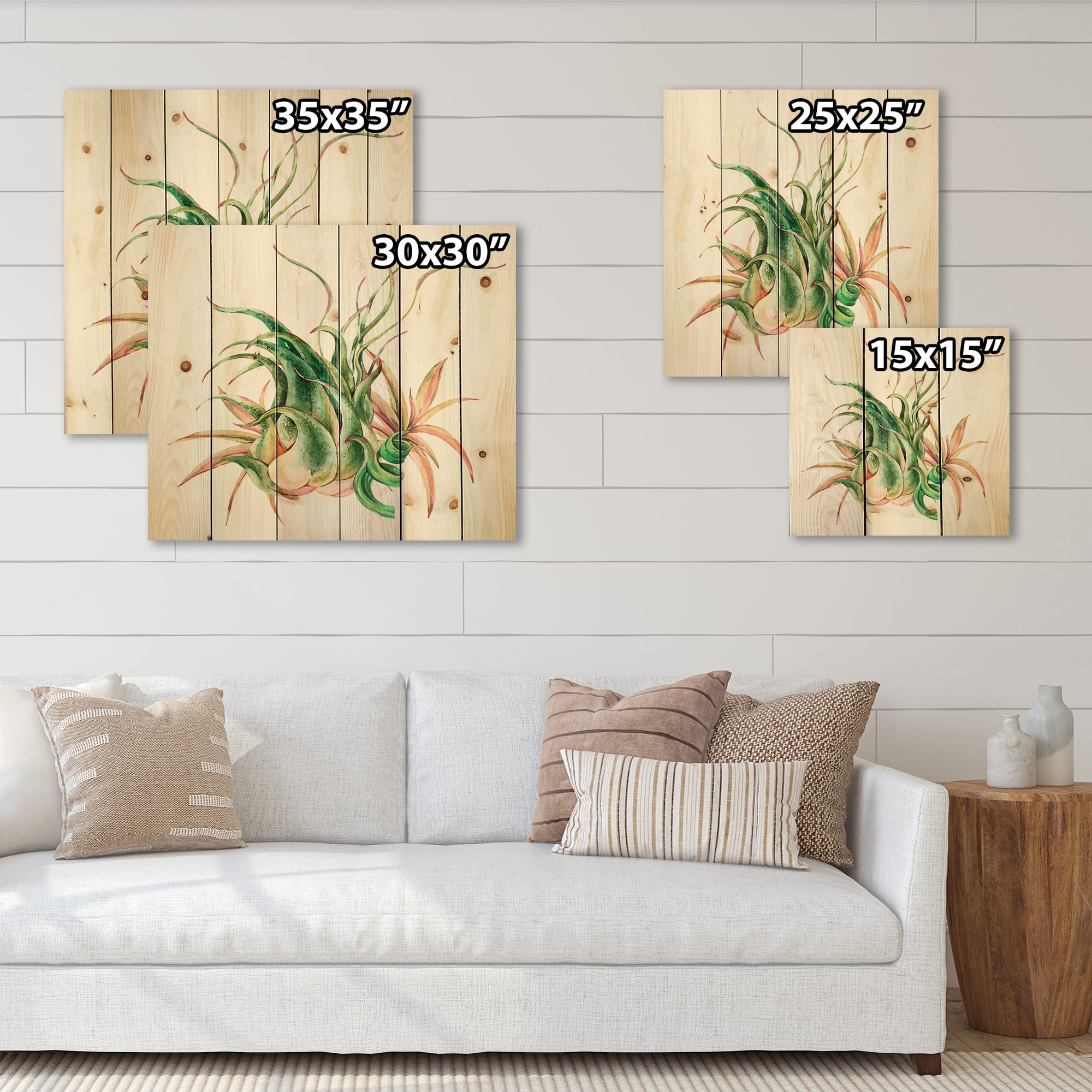 Designart - Tropical Leaves Air Plant Succulent - Farmhouse Print on Natural Pine Wood