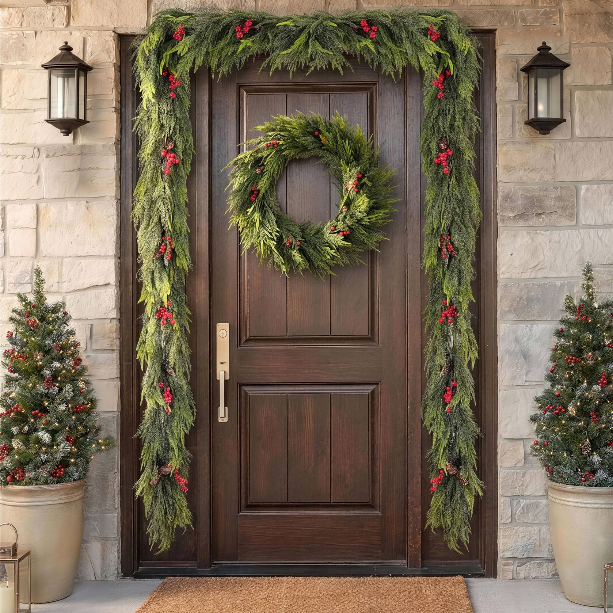 Glitzhome® 18ft. Christmas PE Dripping Garland with Pinecones and Red Berries, Set of 2