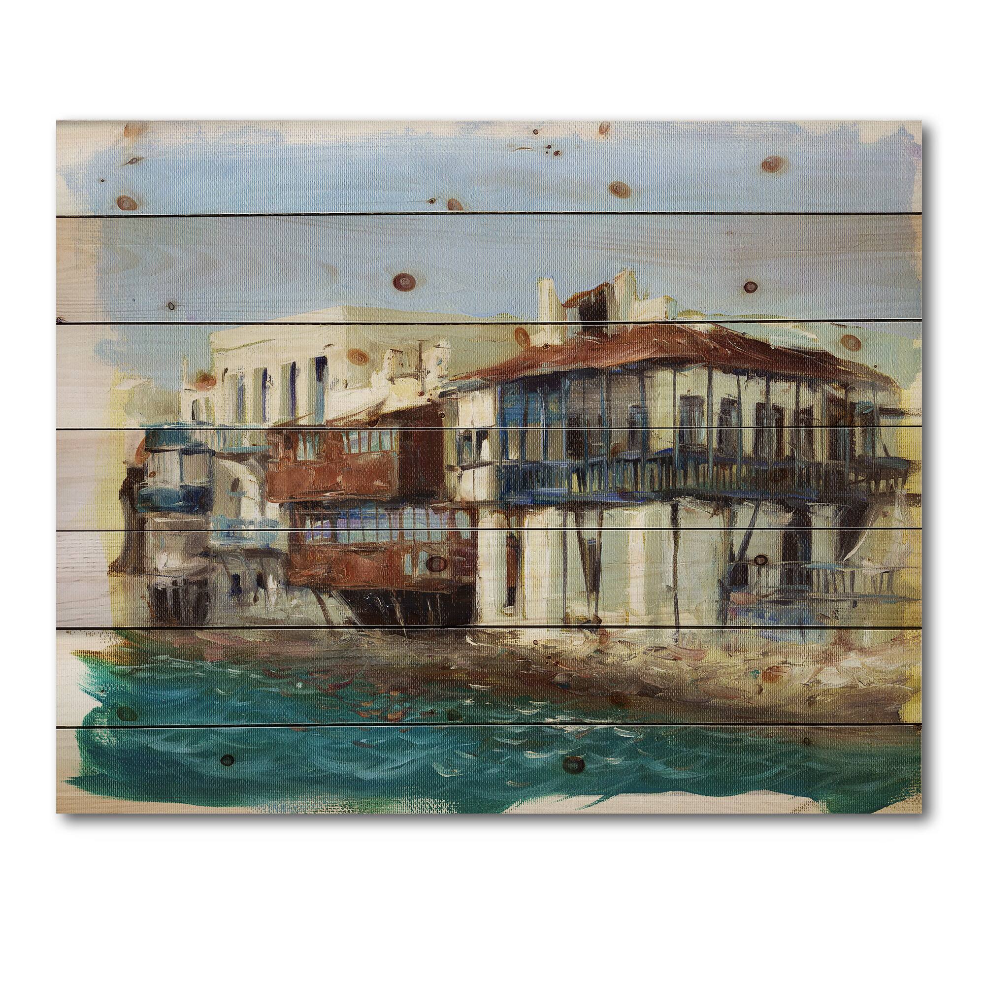 Designart - Old Houses On The Island of Mykonos Greece - Nautical & Coastal Print on Natural Pine Wood