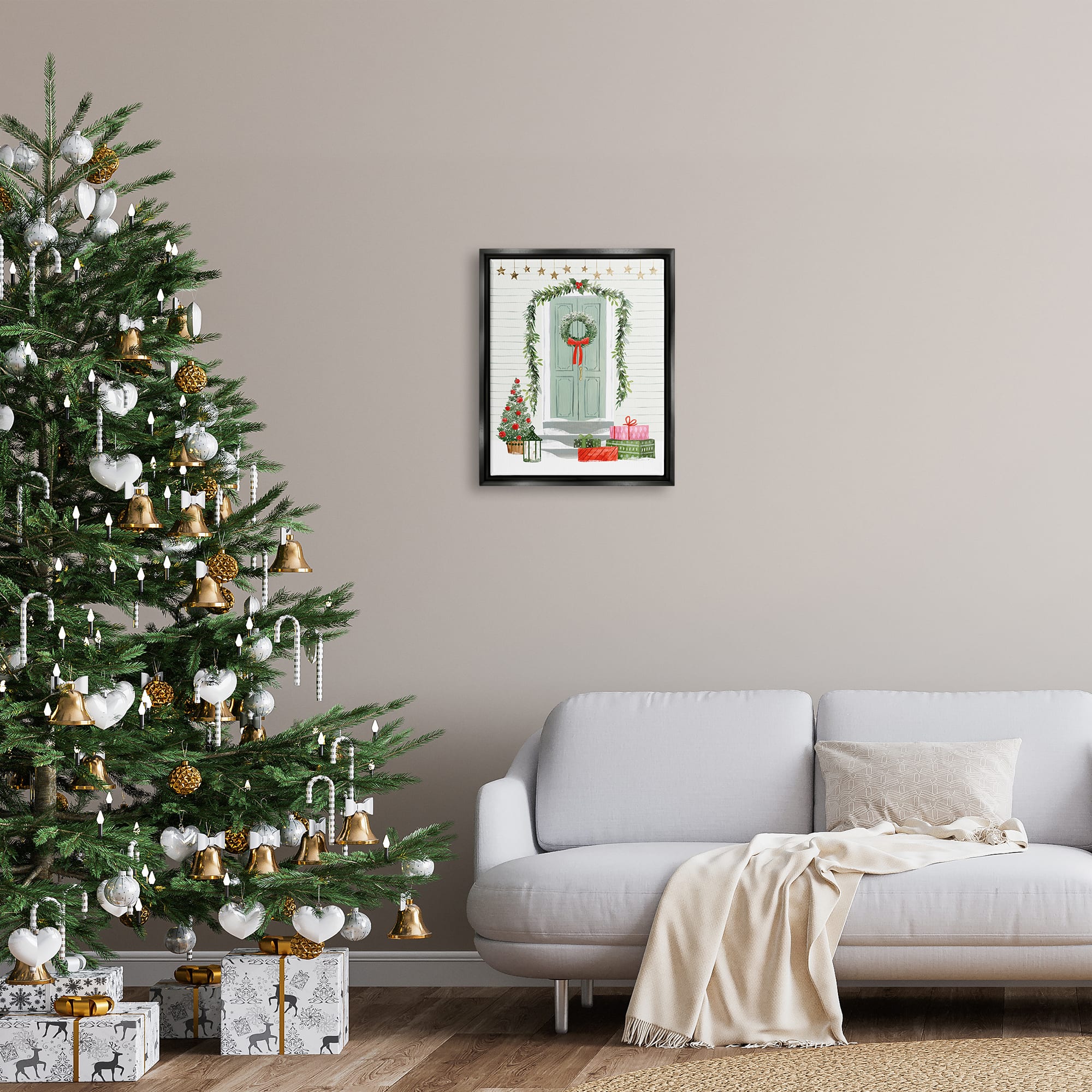 Stupell Industries Christmas Presents Wreath Doorstep Framed Floater Canvas Wall Art
