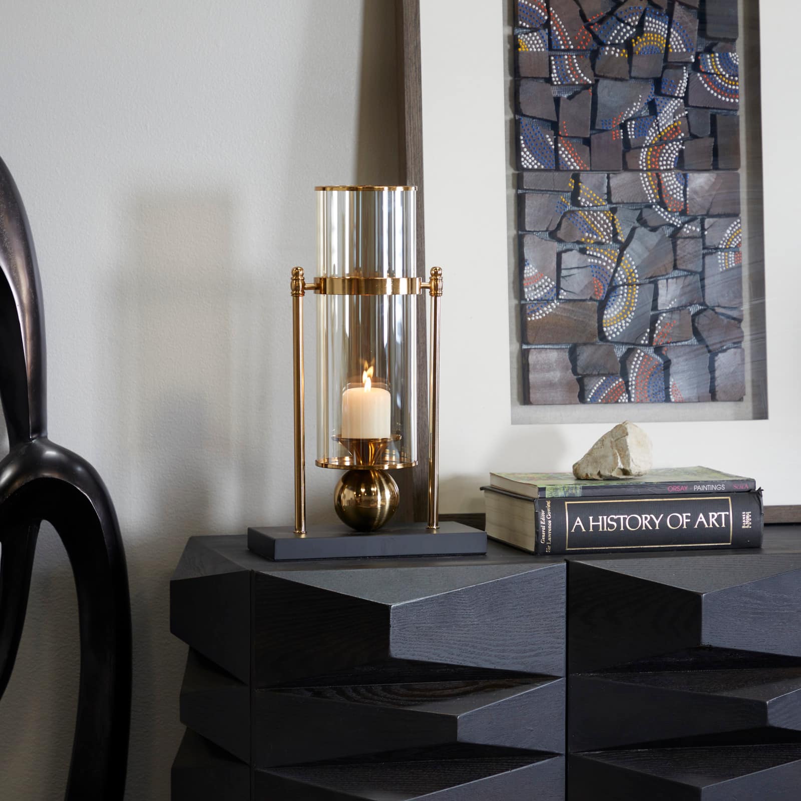 CosmoLiving by Cosmopolitan 17" Gold Metal Pillar Hurricane Lamp with Metal Stand