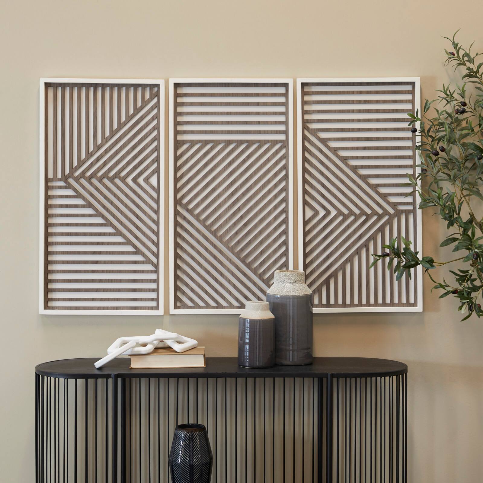 Brown Wood Carved Geometric Wall Decor Set of 3 17", 31"