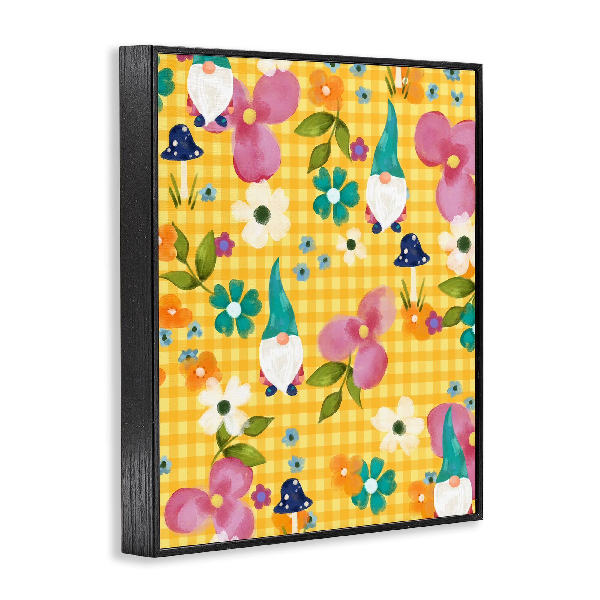 Stupell Industries Yellow Tartan Patterned Spring Gnomes Mushrooms Framed Giclee Art