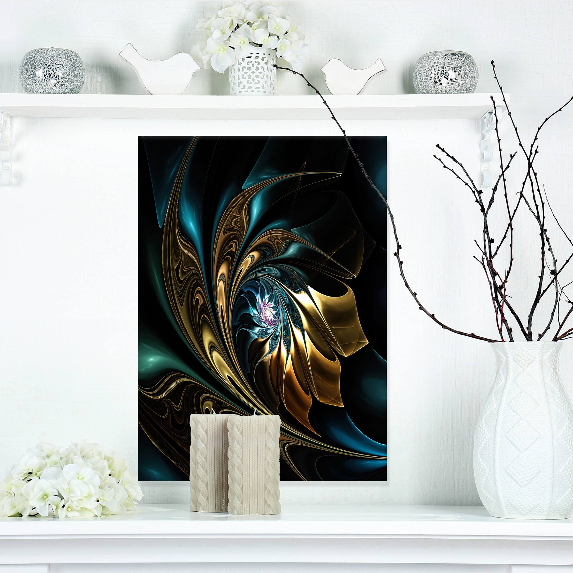 Designart - Brown Blue Fractal Flower in Black