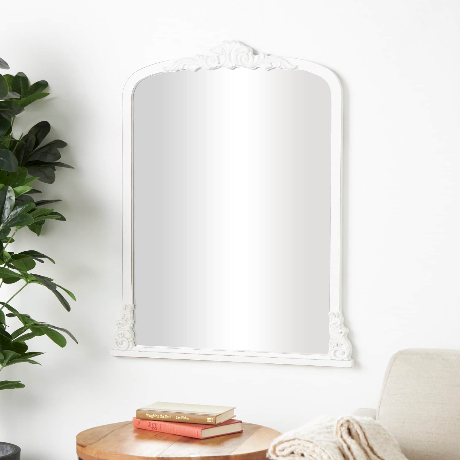 27" x 35", White Wooden  Arched Wall Mirror with Scroll Details