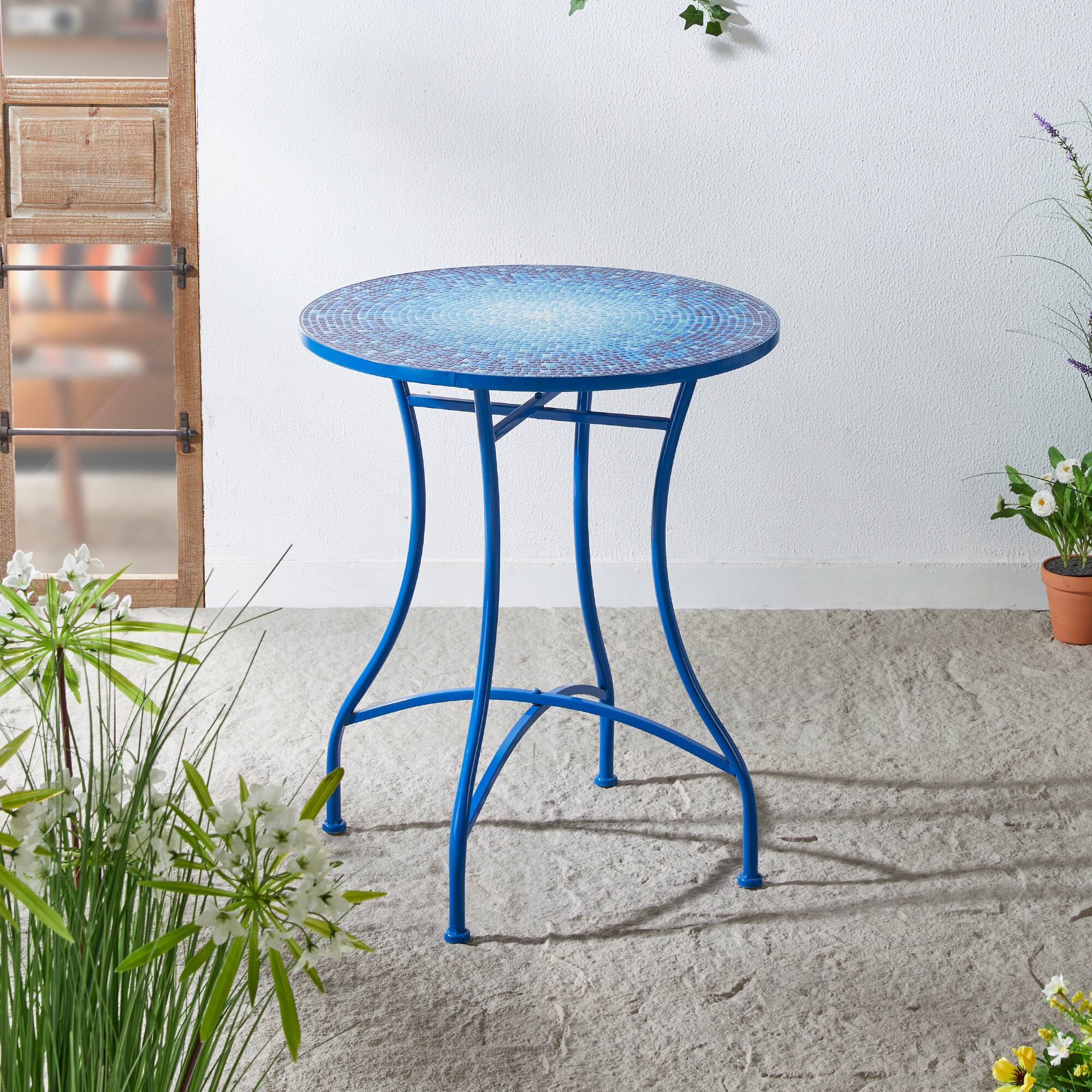 Glitzhome® 28" Blue Outdoor Metal Folding Bistro Table with Ceramic Tile Top
