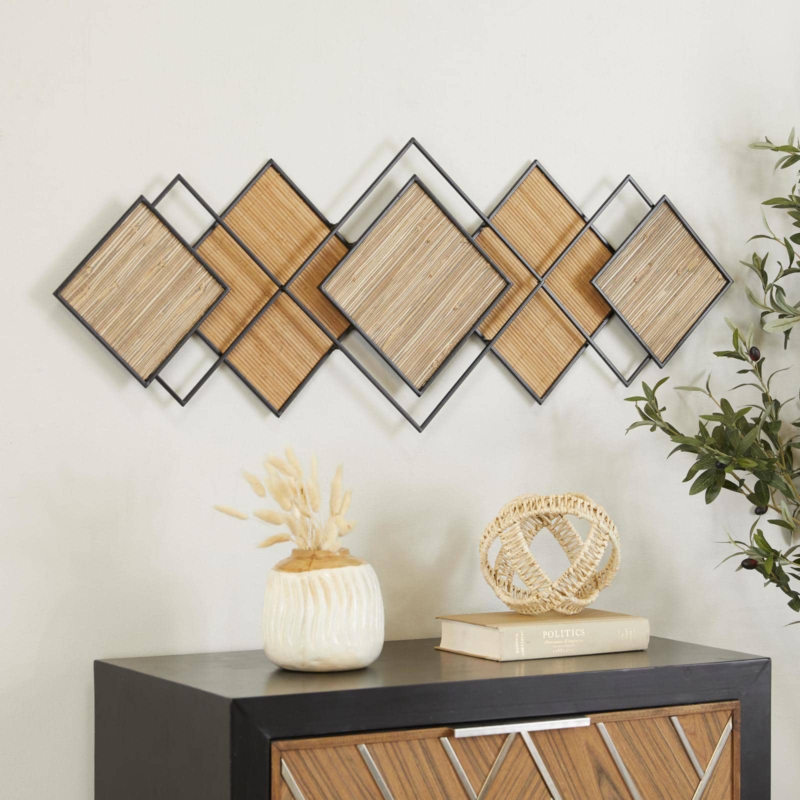 Brown Bamboo Wood Geometric Overlapping Diamond Home Wall Decor with Metal Wire
