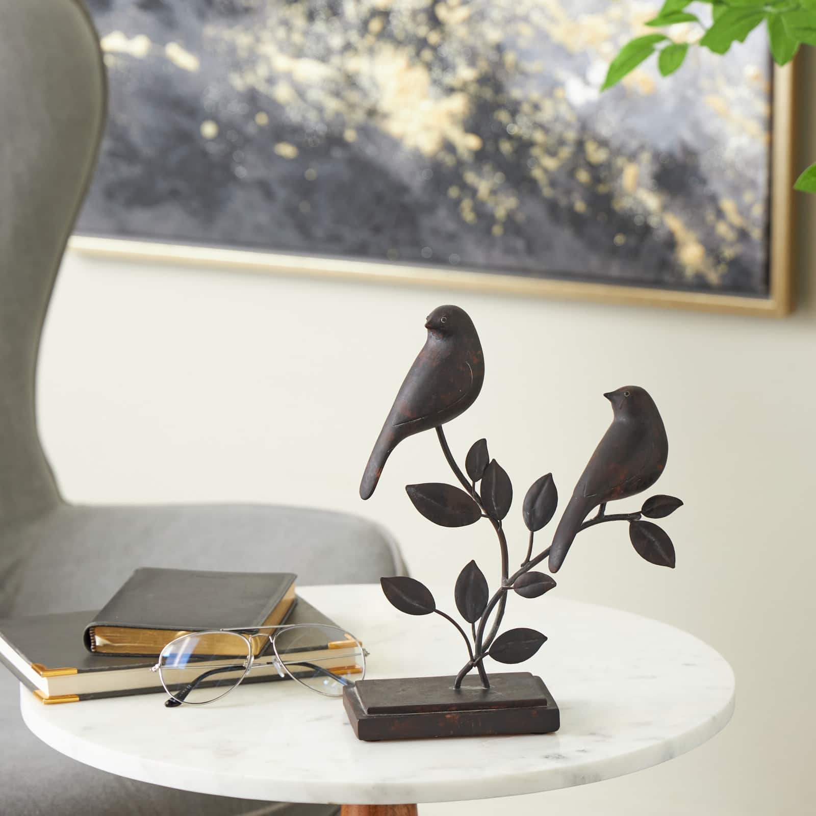 10" Black Polystone Bird Perching Decorative Sculpture with Leaf Vines and Copper Shading
