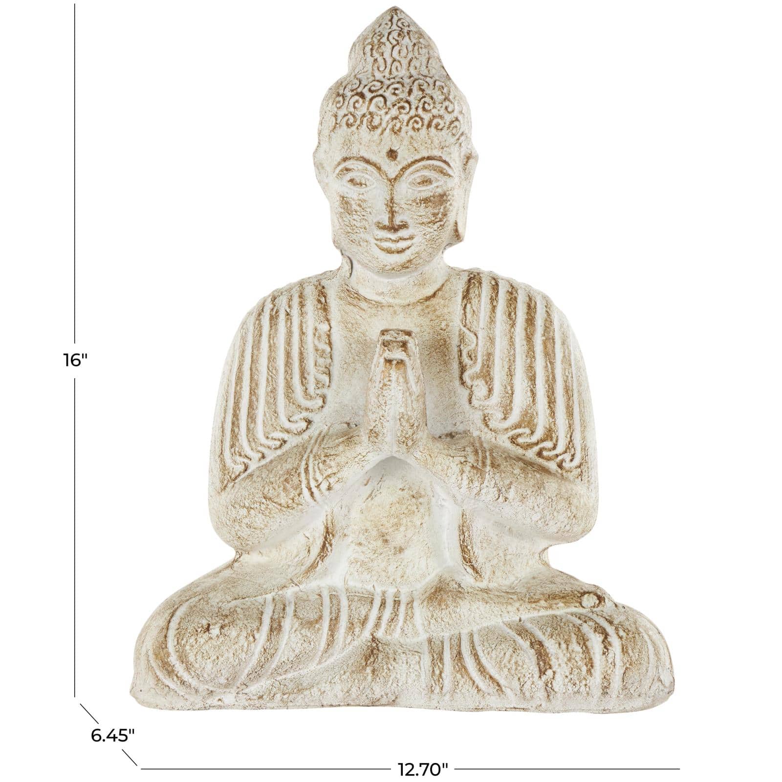 16" Cream & Brown Distressed Handmade Paper Mache Buddha Sculpture