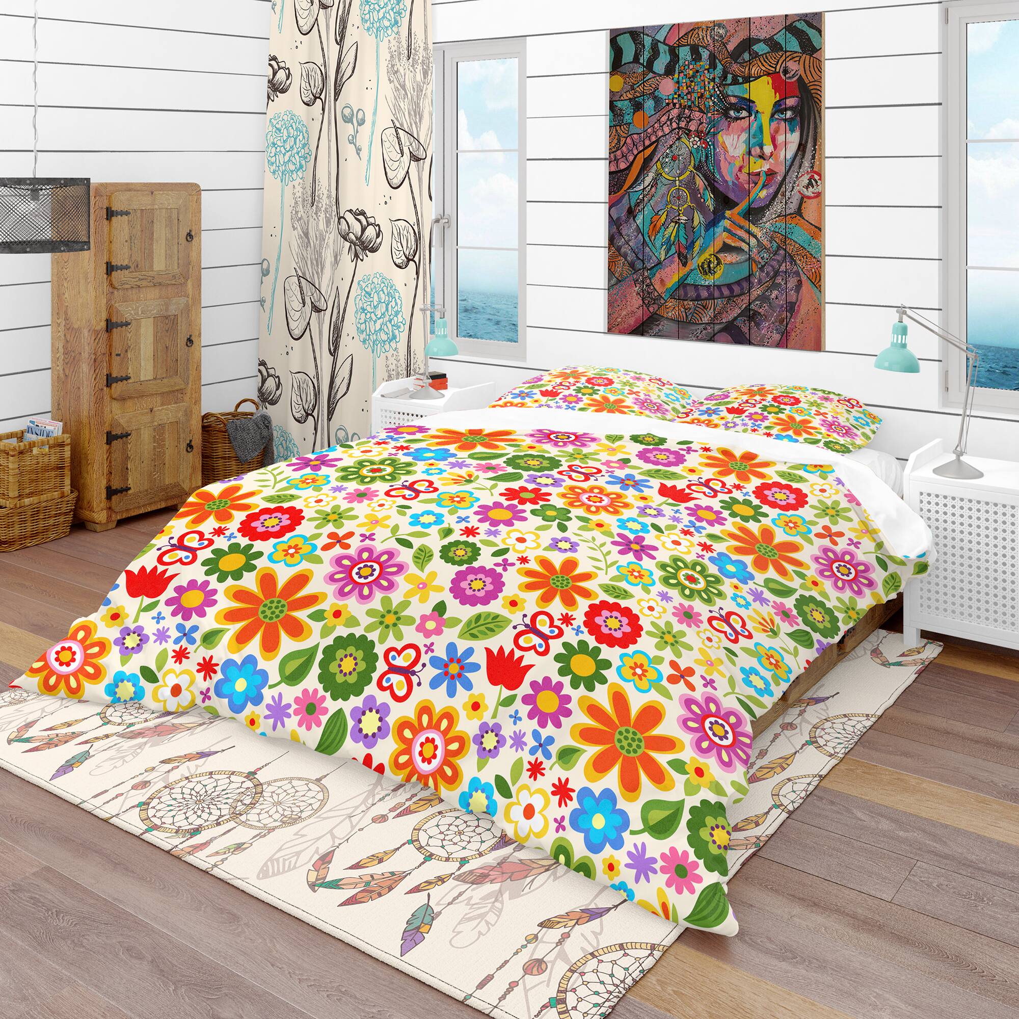 Designart 'Retro Flower Pattern' Bohemian & Eclectic Bedding Set - Duvet Cover & Shams
