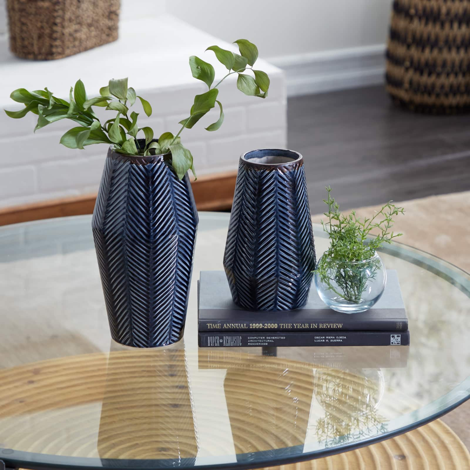 Dark Blue Ceramic Contemporary Vase Set