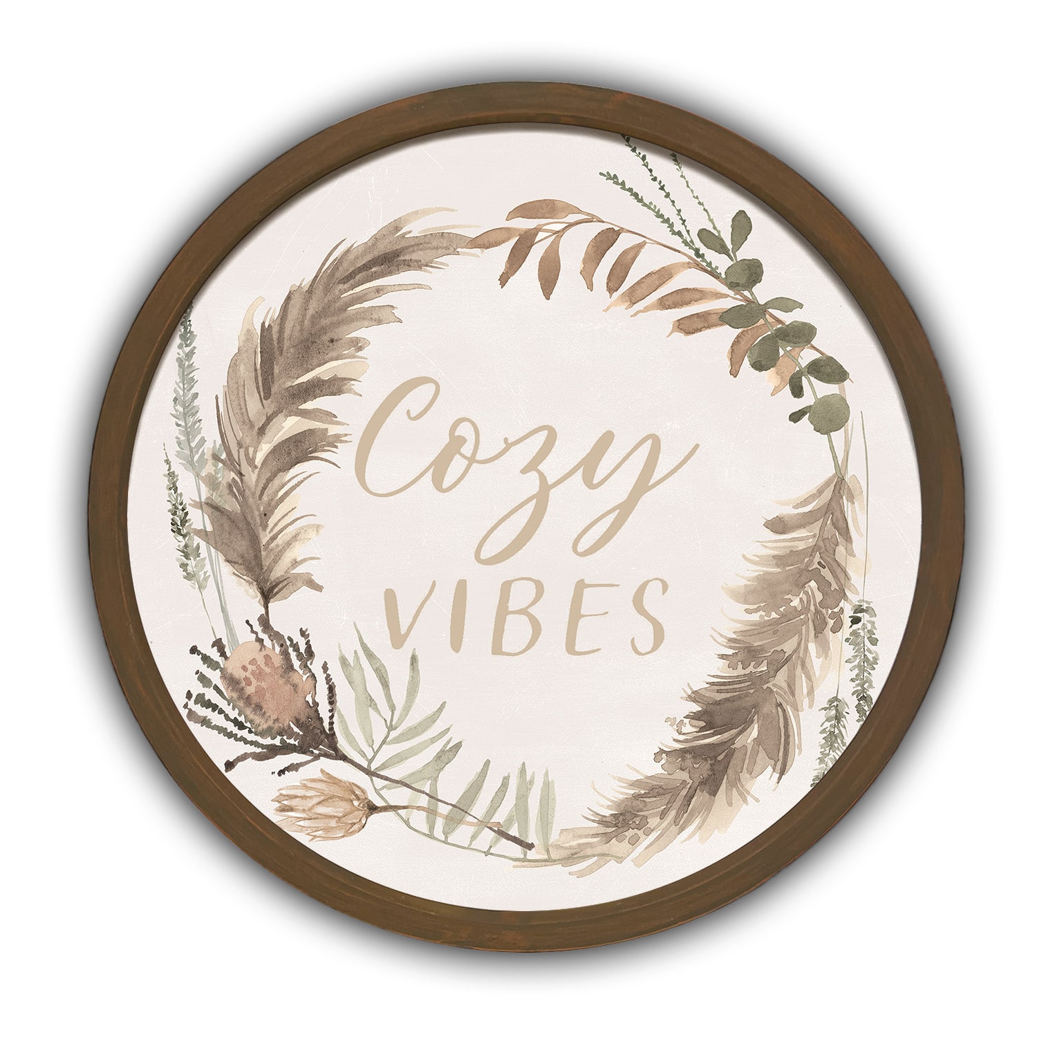 Cozy Vibes Wreath Round Brown Framed Print