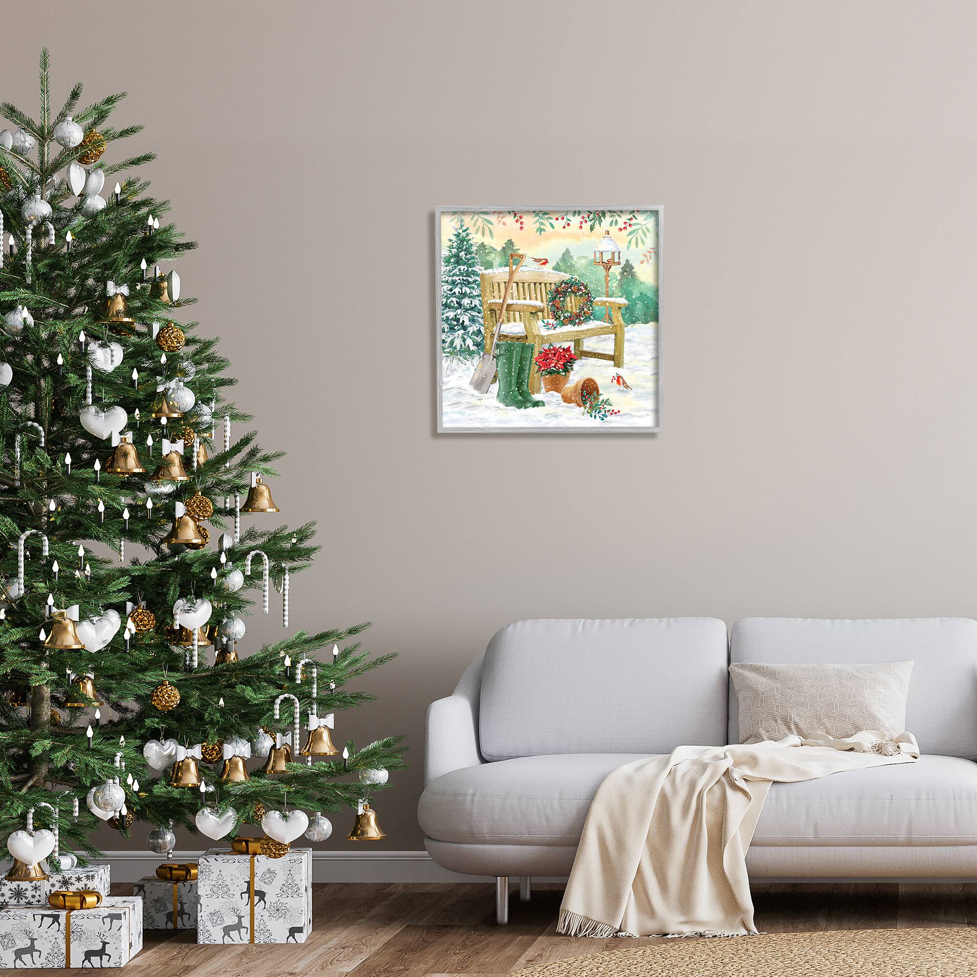 Stupell Industries Snowy Bench Seasonal Holly Plants Framed Giclee Art