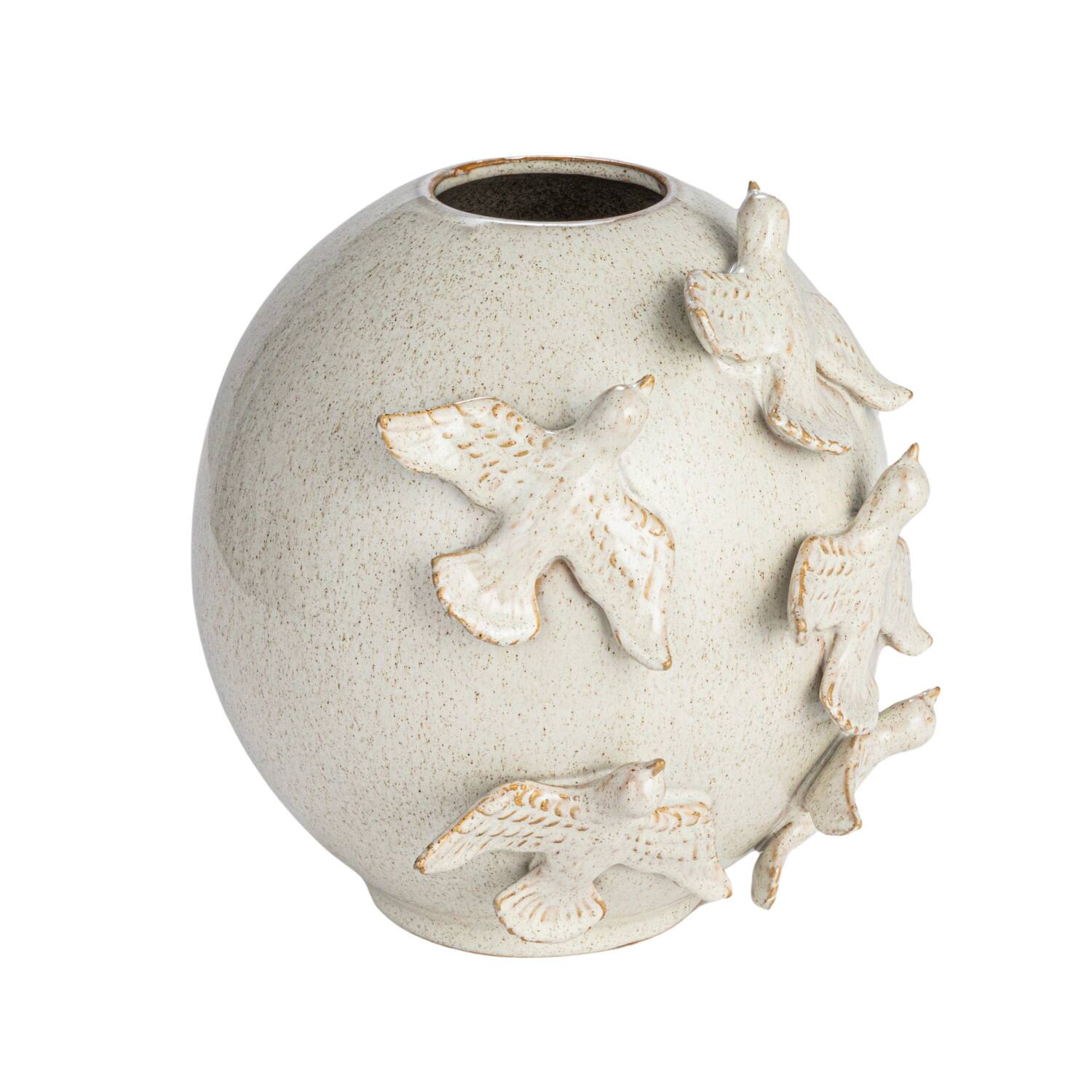 Hello Honey® 10.25" Cream with Reactive Glaze Birds Stoneware Vase