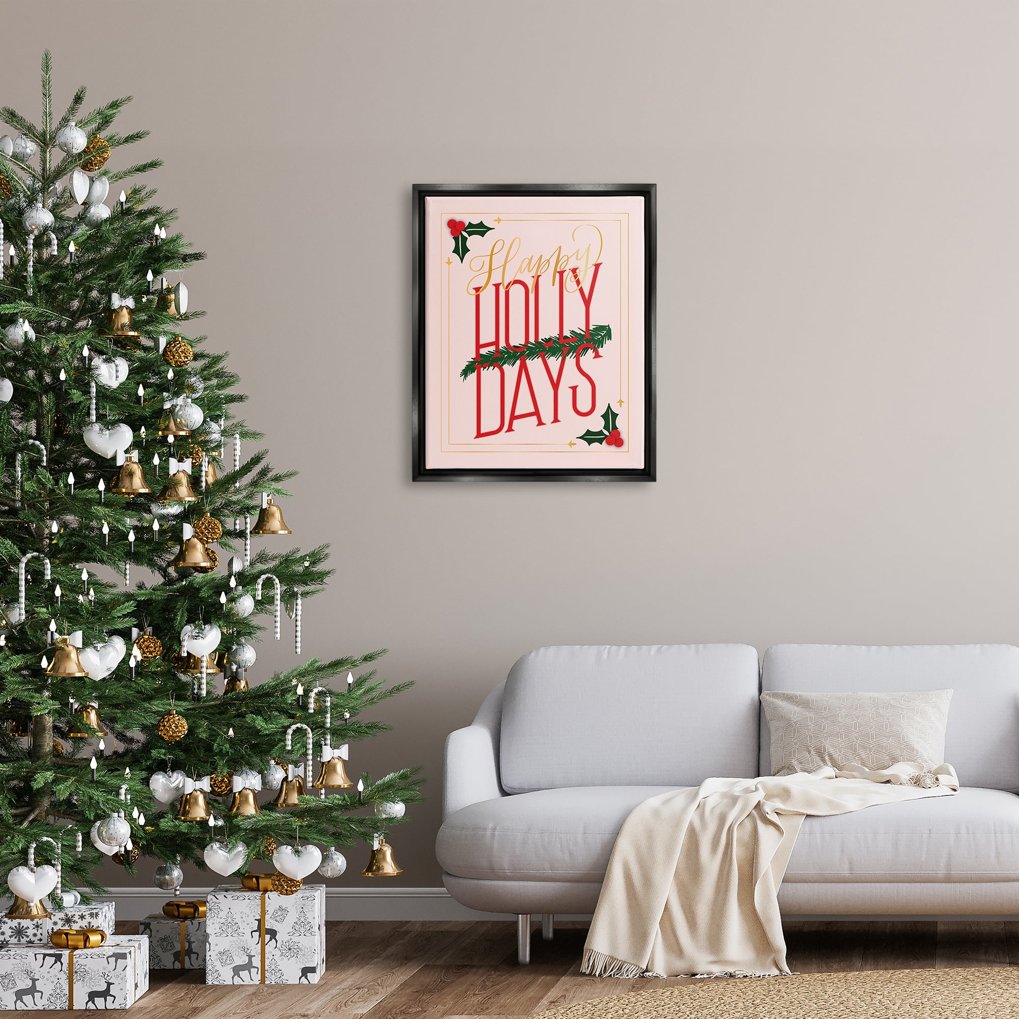 Stupell Industries Happy Holly Days Botanical Holiday Framed Floater Canvas Wall Art