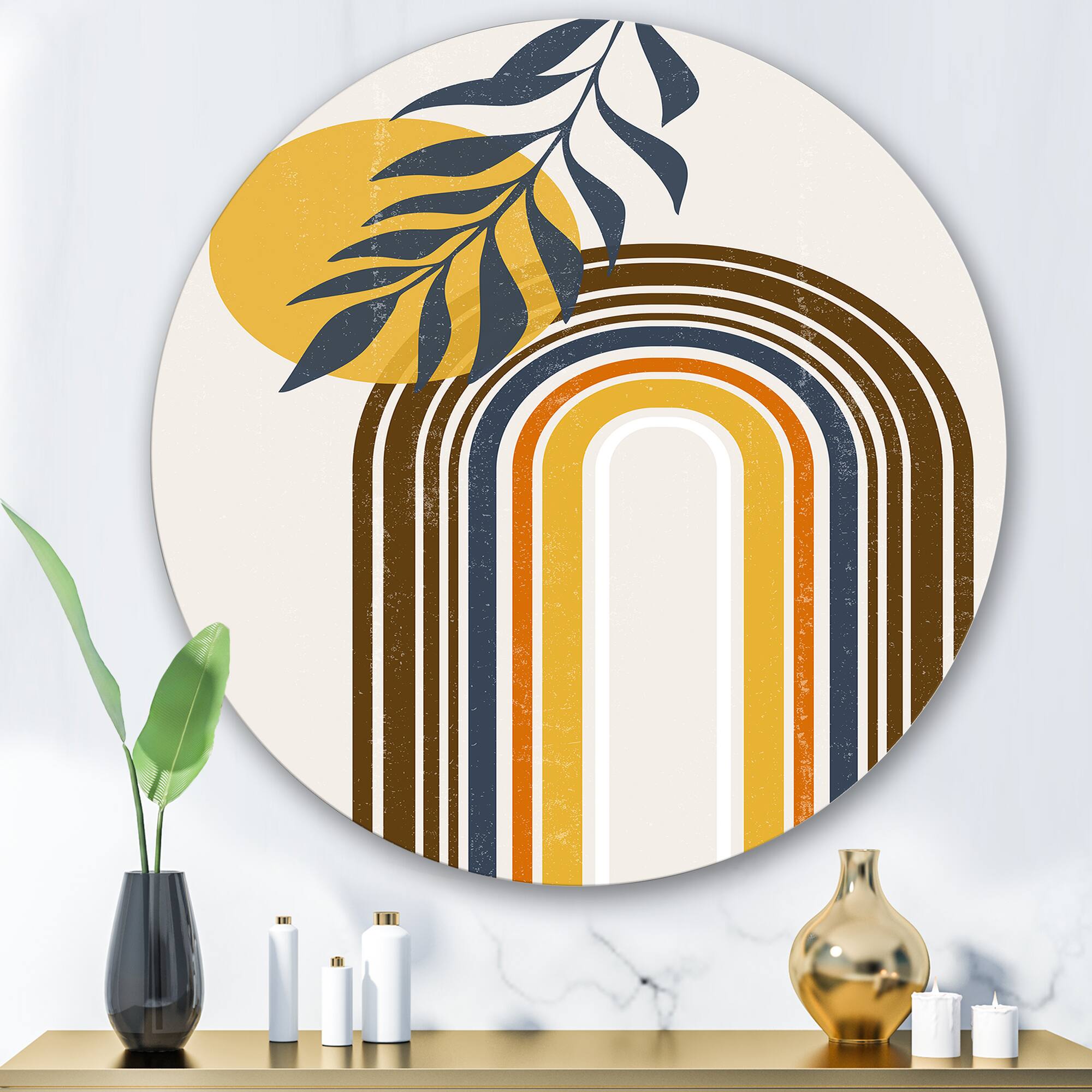 Designart - Abstract Sun Moon Leaves II - Modern Metal Circle Wall Art