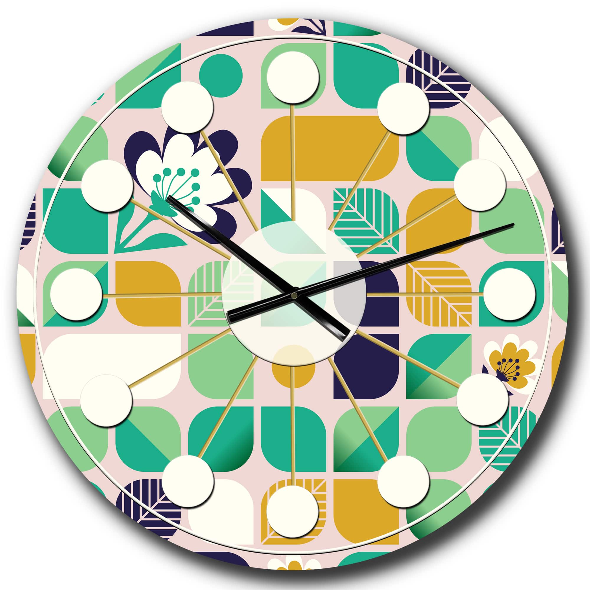 Designart 'Geometric Pattern With Leaves And Flowers Mid-Century Modern Wall Clock