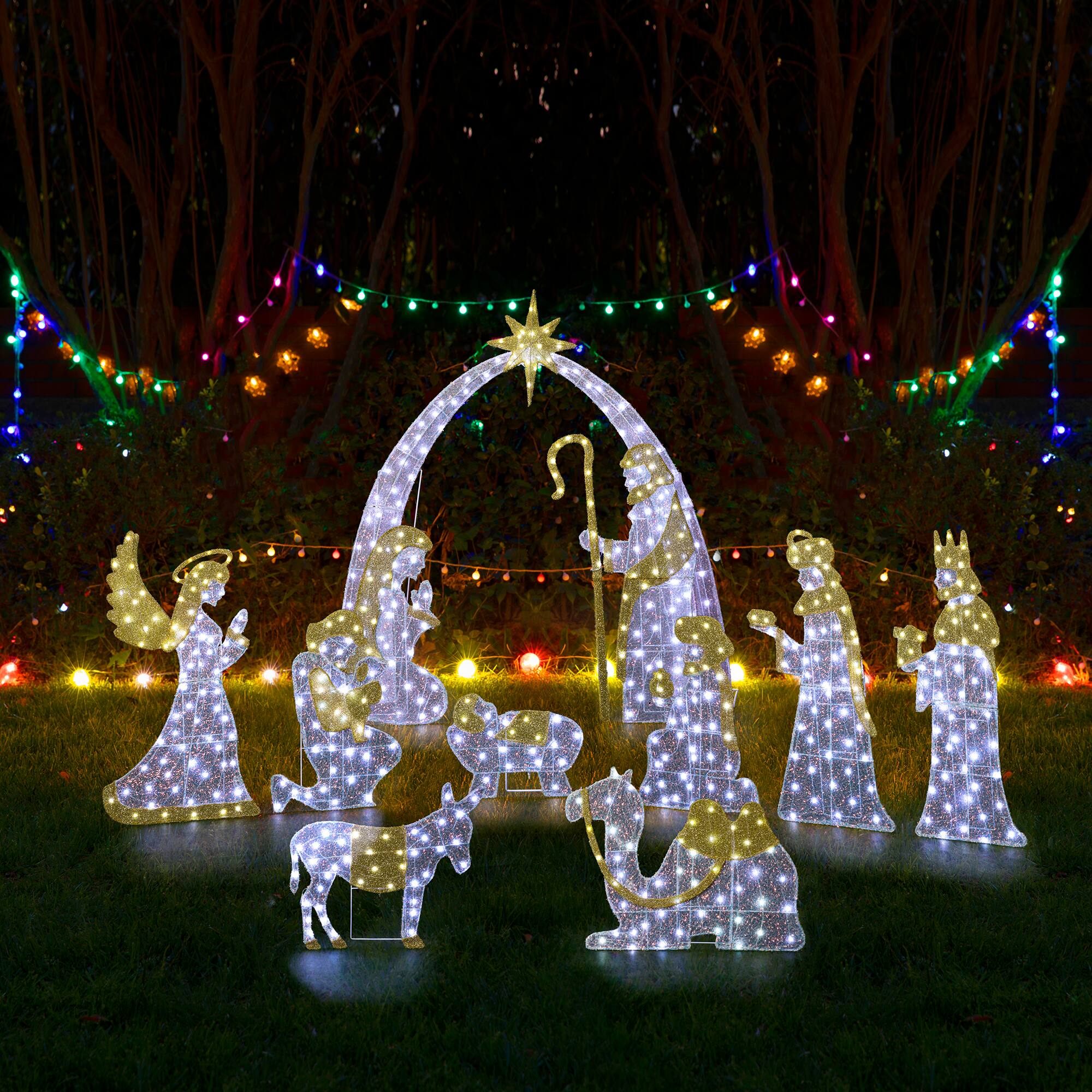 Glitzhome® 55"H Lighted Christmas 2D Iridescent Fabric Nativity Scene Outdoor Decor Set