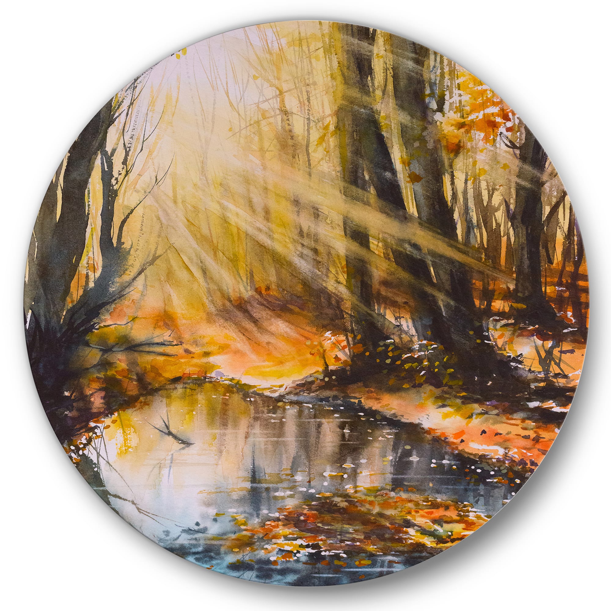 Designart - Bright Sunshine Through The Forest Trees III - Lake House Metal Circle Wall Art