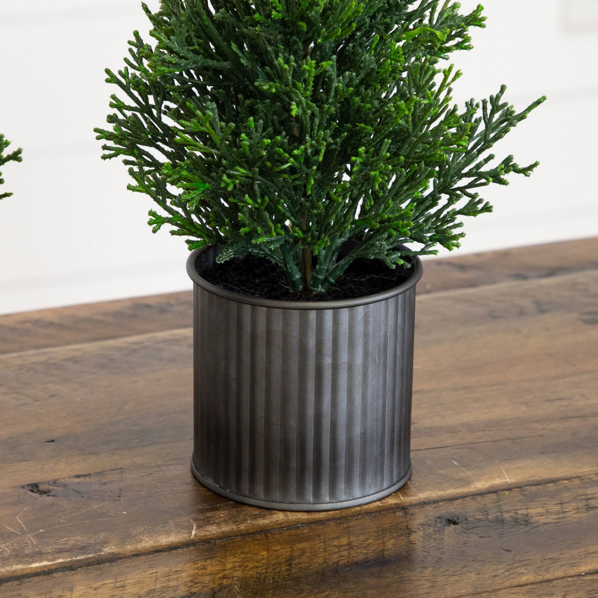 Nearly Natural 12" Unlit Artificial Mini Christmas Cedar Pine Tree in Metal Tin Planters, 2ct.