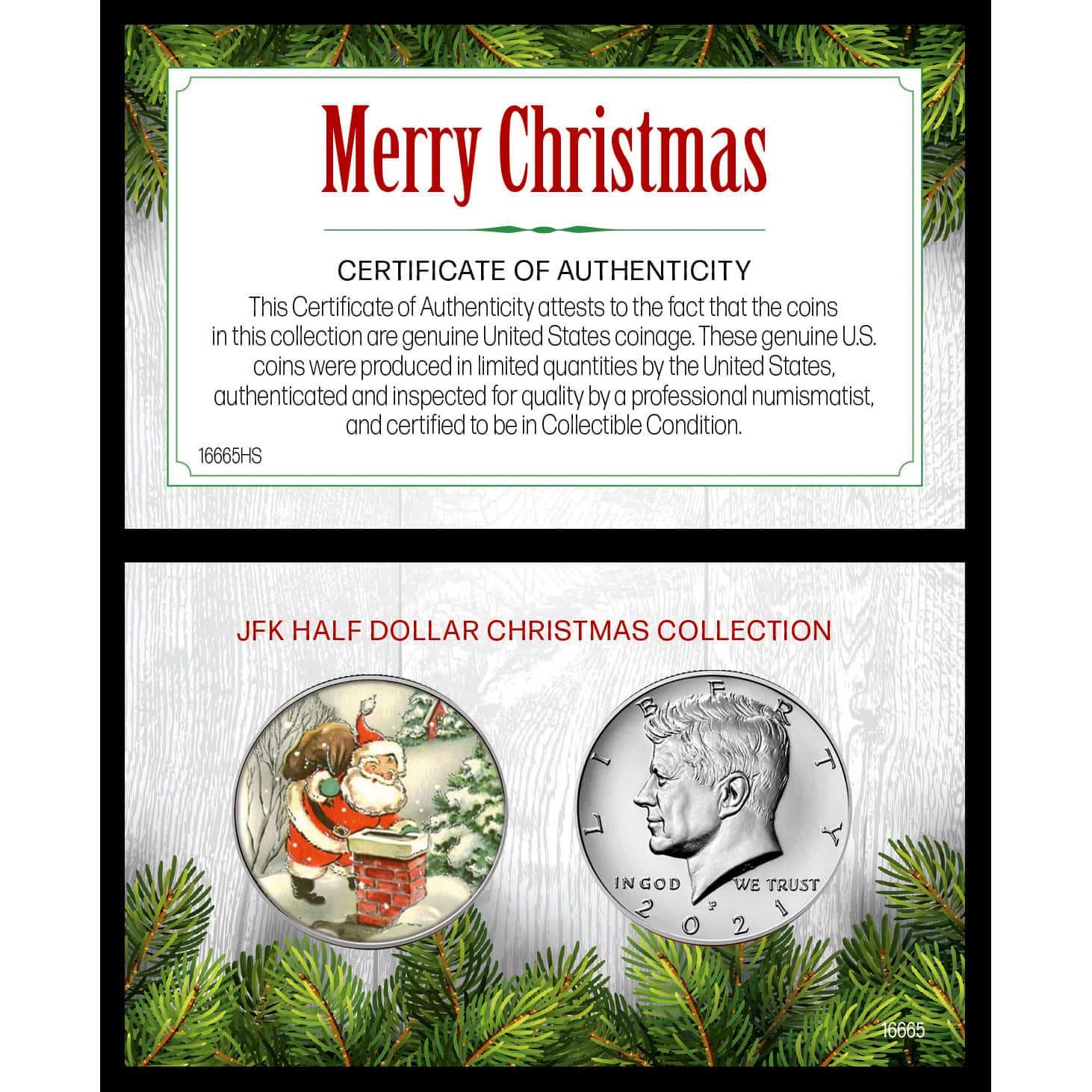Merry Christmas Colorized Vintage Santa Half Dollar With 2021 JFK Coin Set