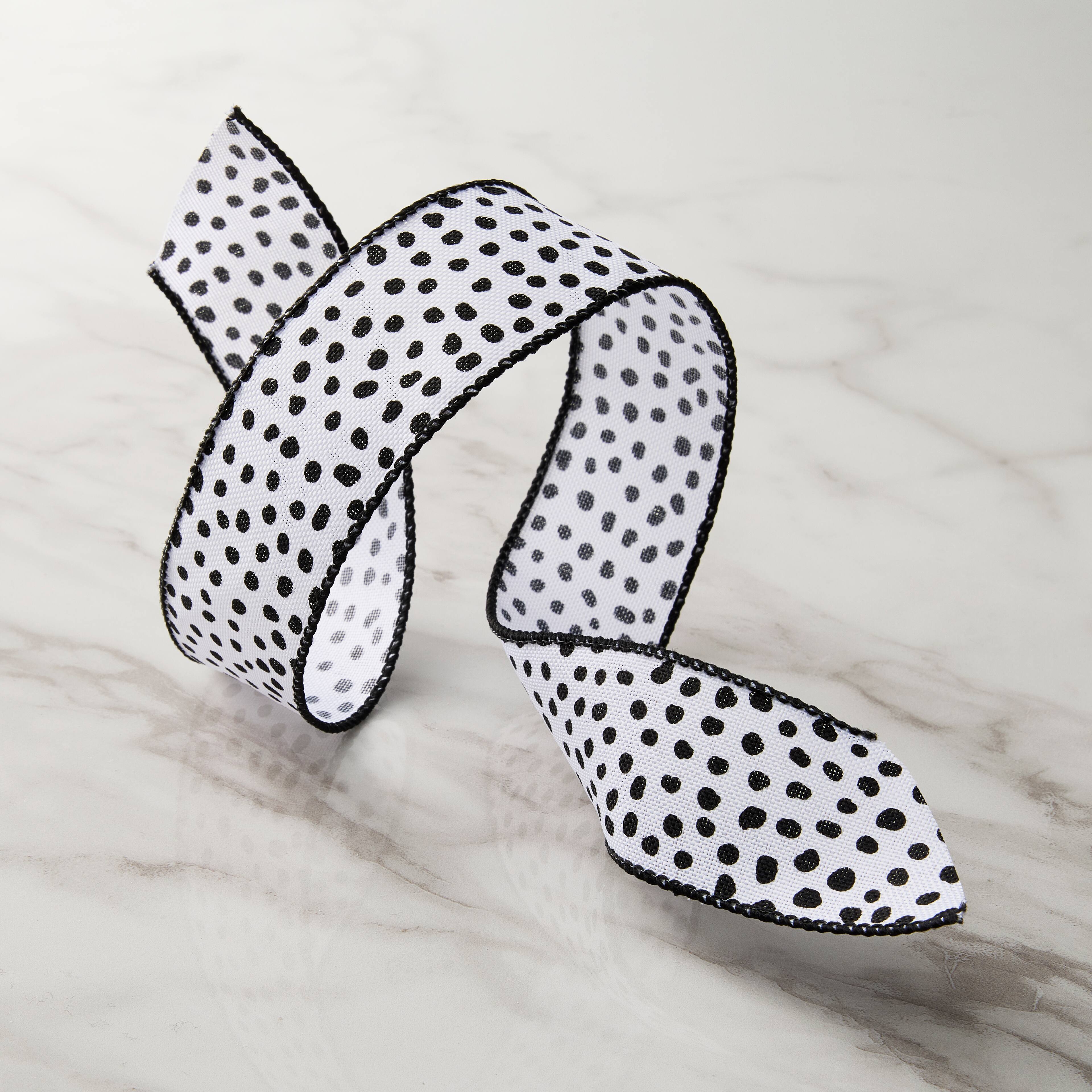 1.5" x 3yd. White & Black Faux Linen Wired Dots Ribbon by Celebrate It® Classic