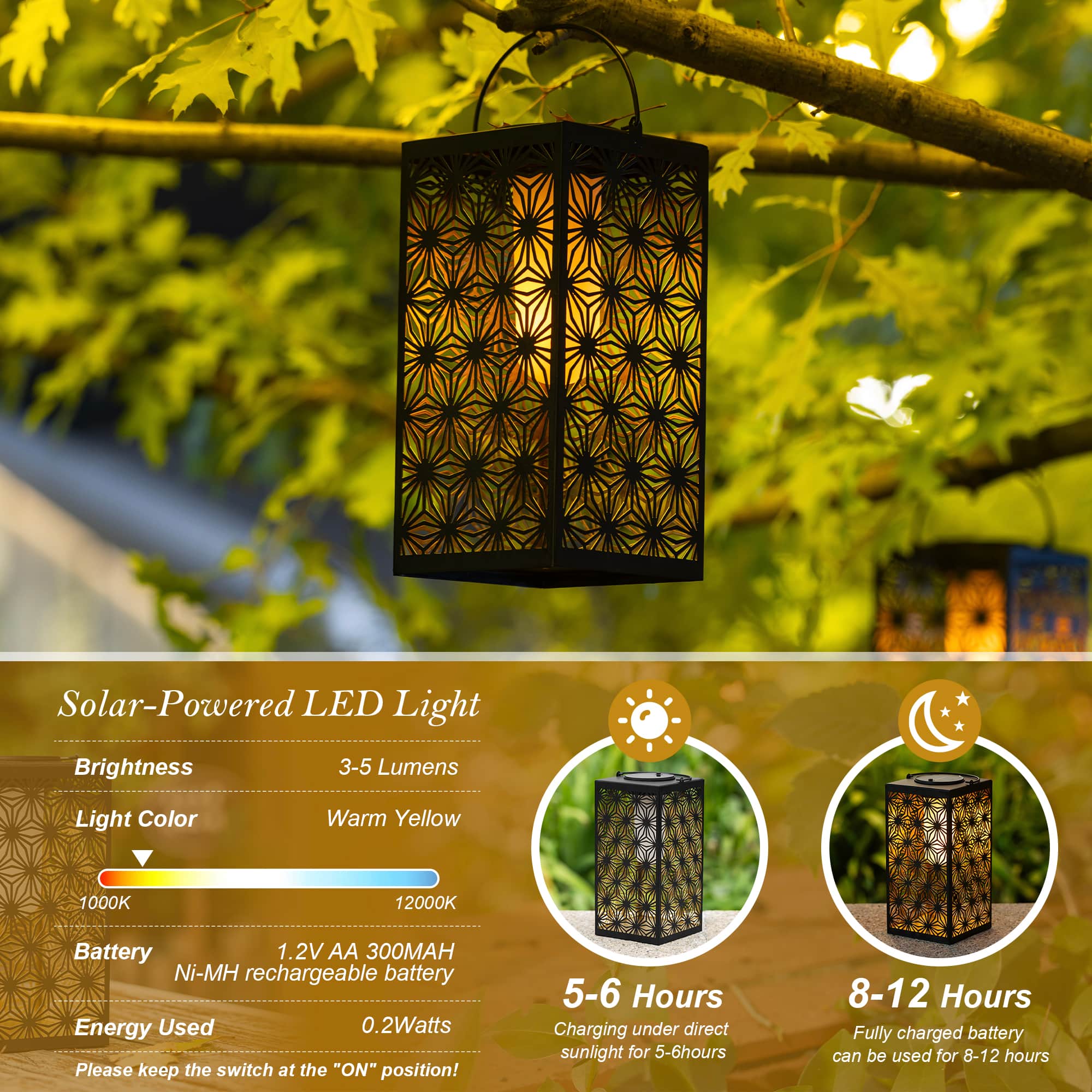 Glitzhome® 11" Set of 2 LED Black Metal Cutout Pattern Solar Powered Hanging Lantern