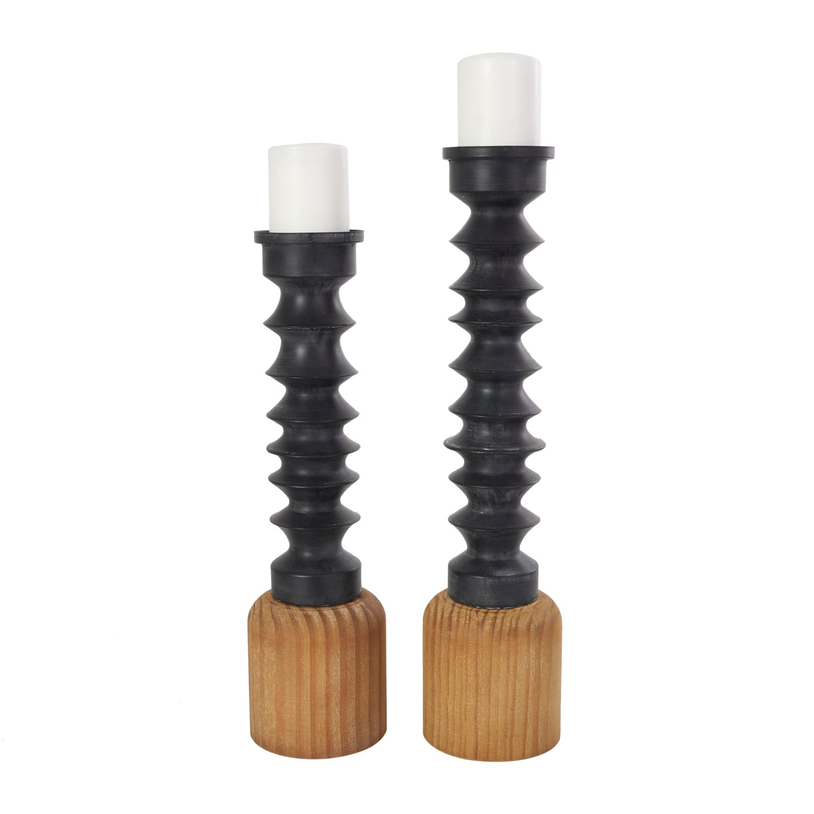 Black Metal Turned Style Pillar Candle Holder with Brown Wood Bases Set