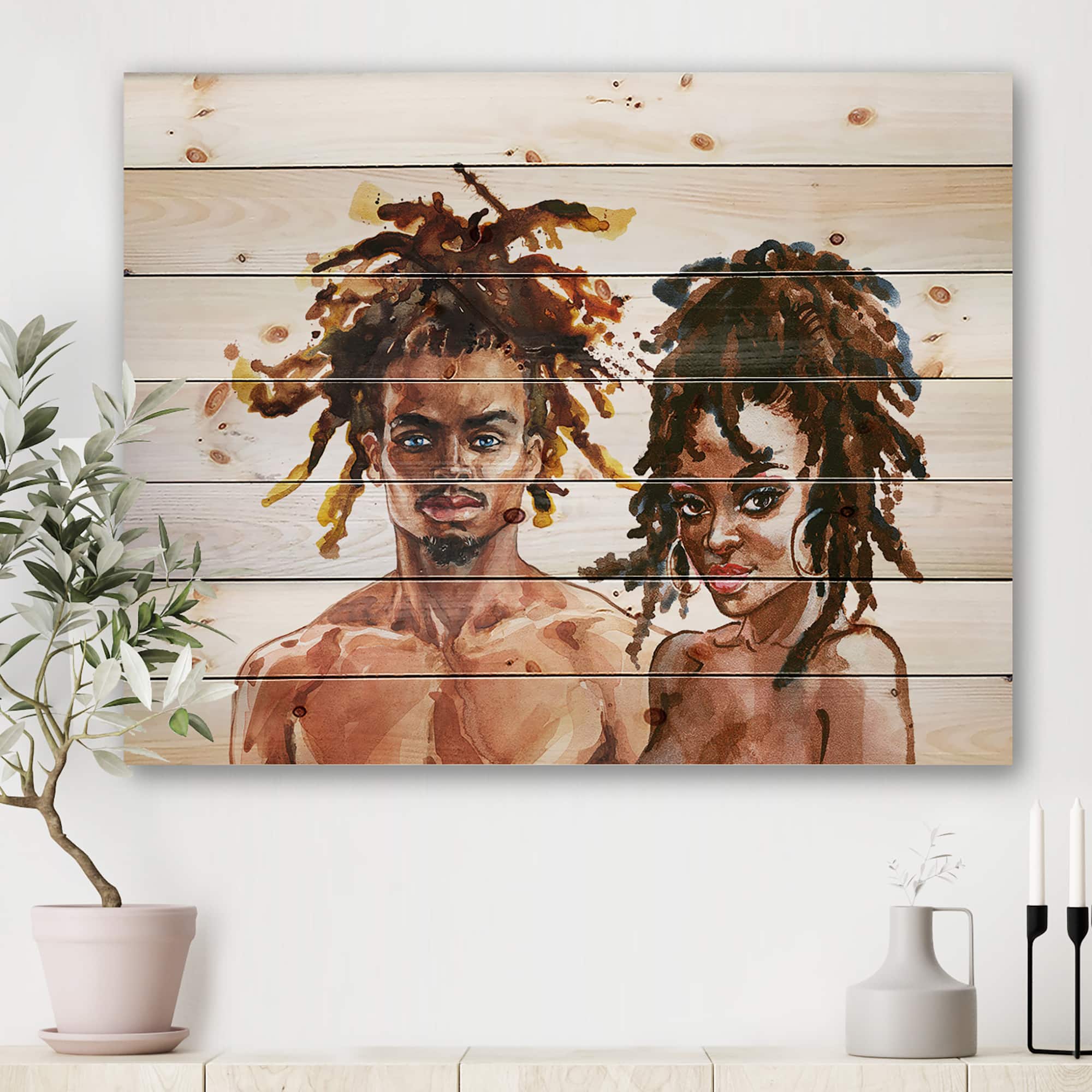Designart - Portrait of Afro American Couple - Modern Print on Natural Pine Wood