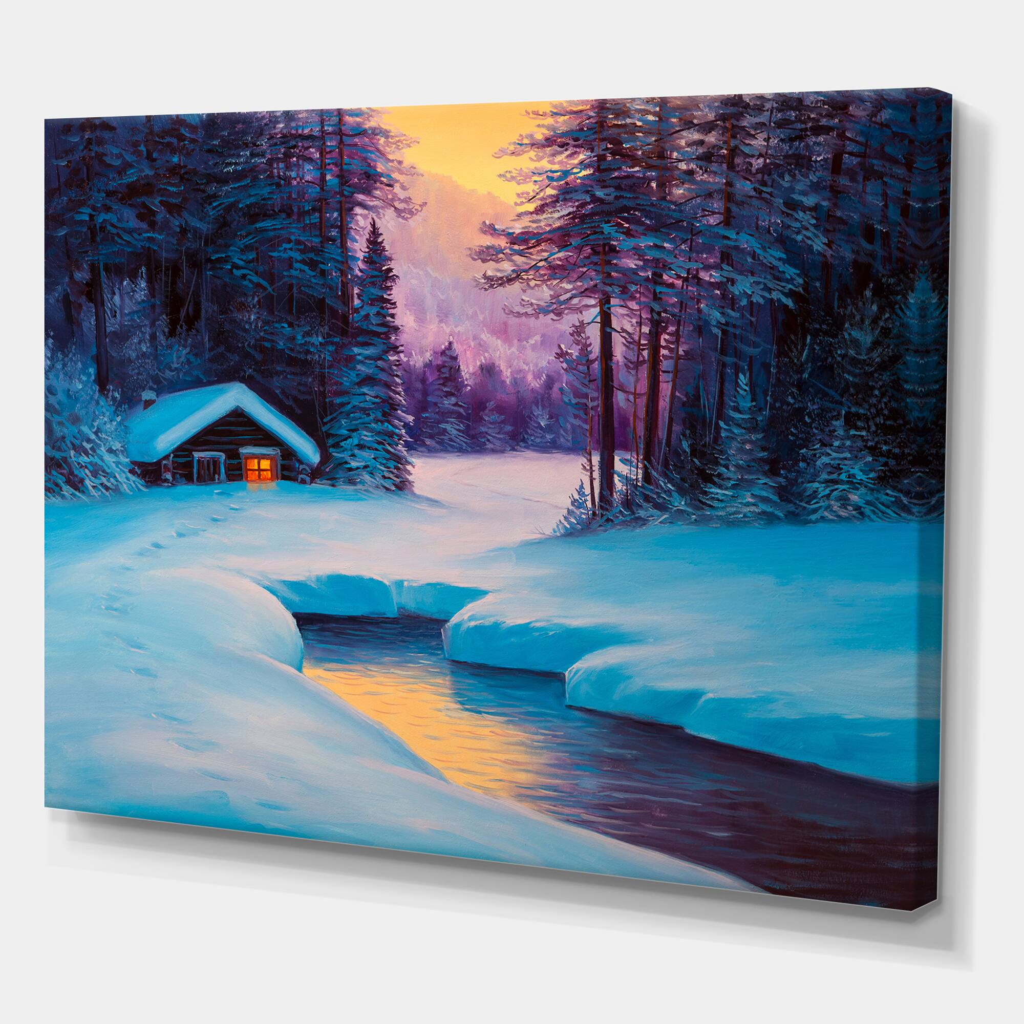 Designart - Old Cabin In Winter Forest II - Traditional Canvas Wall Art Print
