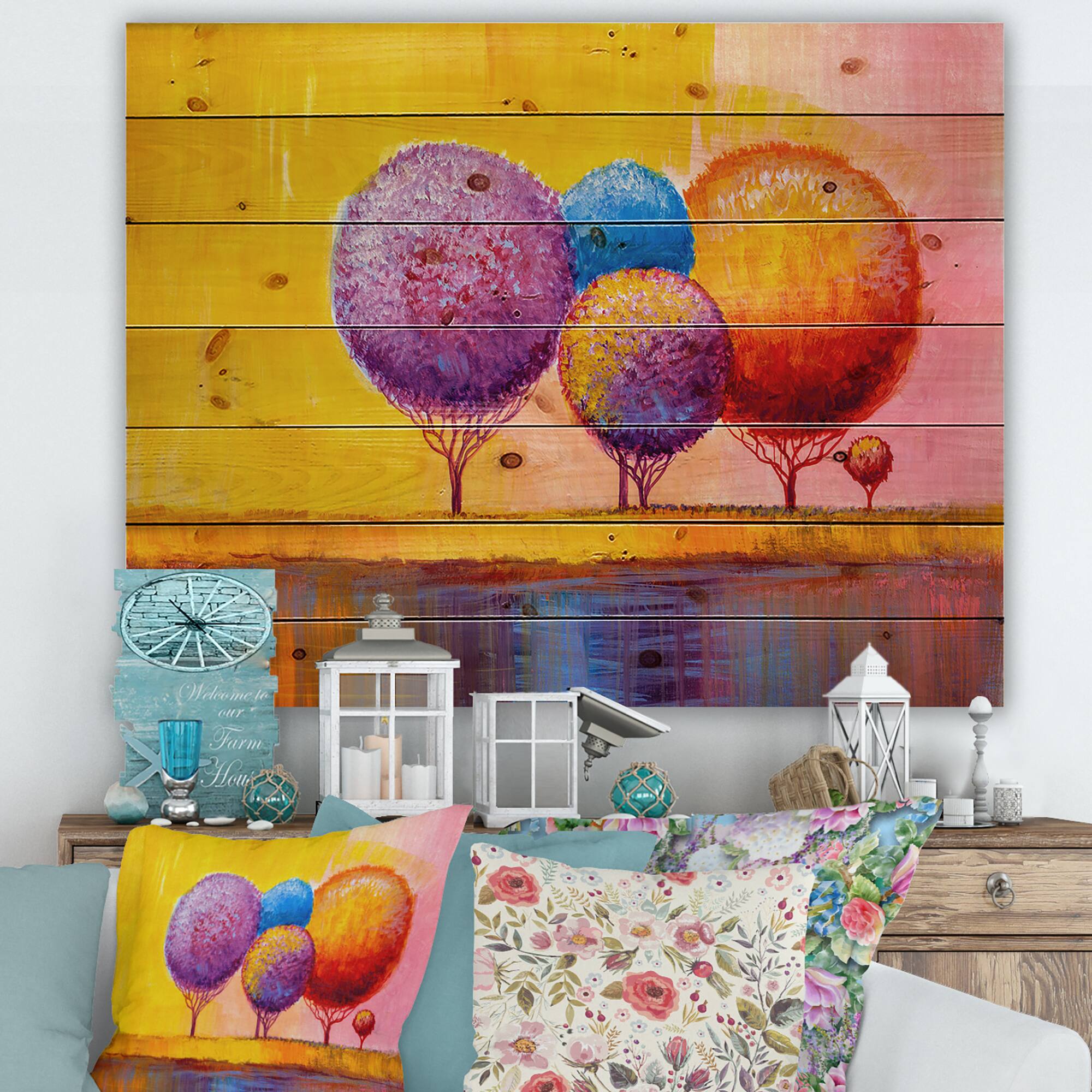 Designart - Autumn Fantasy Trees I - Modern Print on Natural Pine Wood